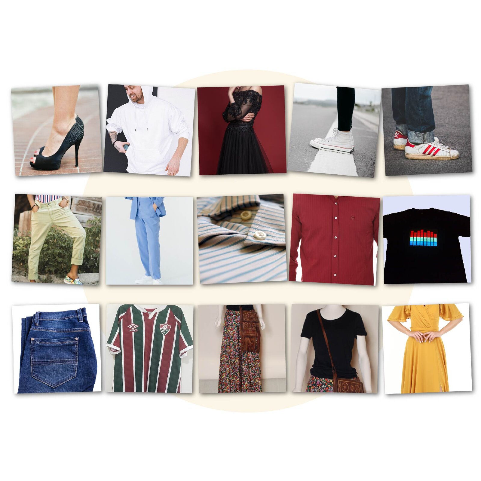 Grafika przedstawia różne części garderoby: czarne buty na szpilce, biała bluza, czarna sukienka, białe trampki, biało‑czerwone adidasy, beżowe spodnie, niebieski garnitur, koszula w paski, czerwona koszula, czarna koszulka na krótki rękaw, niebieskie jeansy, koszulka sportowa, spódnica, czarna koszulka na krótki rękaw z torebką, żółta sukienka.