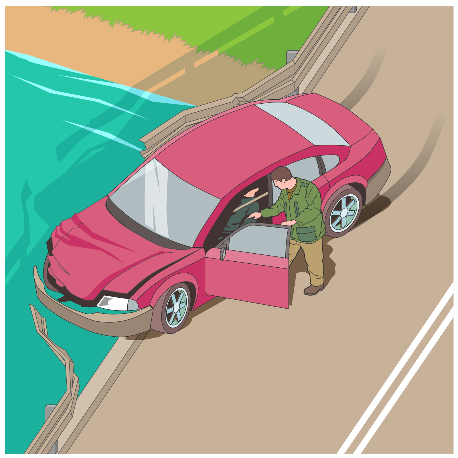 Ilustracja przedstawia wypadek na moście. Samochód przełamał barierkę z lewej strony mostu. Przód samochodu skierowany w lewą stronę zdjęcia. Drzwi kierowcy otwarte. Drugi mężczyzna próbuje pomóc kierowcy siedzącemu w samochodzie. Poniżej mostu rzeka.