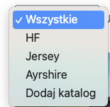 Ilustracja przedstawia wybór katalogu z menu. Jest to prostokąt z zakładkami występującymi po sobie: Wszystkie, HF, Jersey, Ayrshire, Dodaj katalog. Wybrana jest zakładka: Wszystkie. Podświetla się na niebiesko.