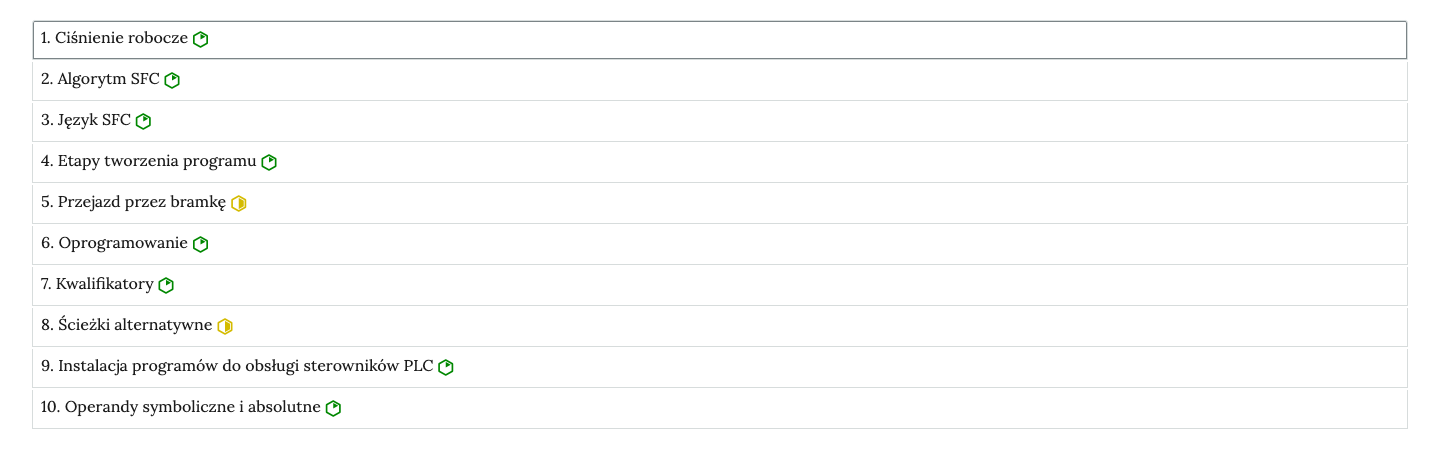 Przykładowy wygląd zakładek zawierających interaktywne materiały sprawdzające. Na zdjęciu jest to rząd umieszczonych pod sobą ćwiczeń wraz z ich tytułami. Każde ćwiczenie, po prawej stronie belek z ćwiczeniami, posiada znaczek określający poziom trudności.