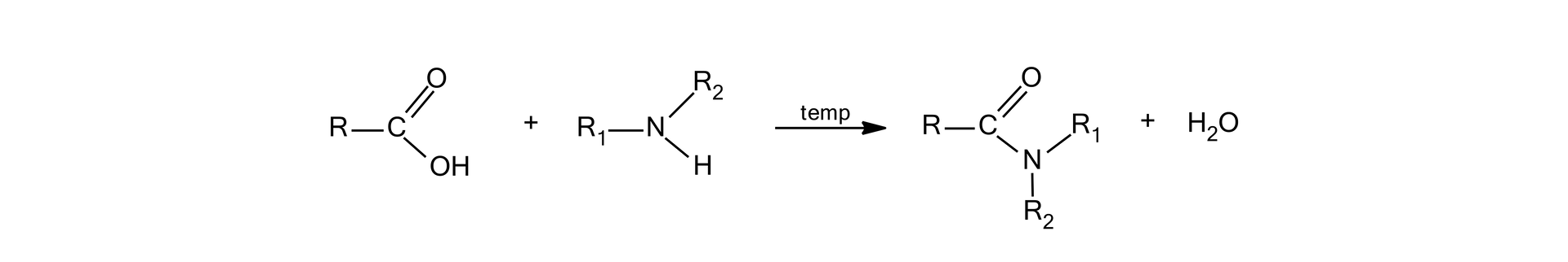 Ilustracja przedstawiająca ogólne równanie reakcji kwasu karboksylowego z aminą drugorzędową, prowadzące do powstania amidu trzeciorzędowego. Cząsteczka kwasu karboksylowego zbudowanego z podstawnika R związanego z atomem węgla połączonym za pomocą wiązania podwójnego z atomem tlenu oraz za pomocą wiązania pojedynczego z grupą hydroksylową OH. Dodać cząsteczkę aminy drugorzędowej składającej się z grupy NH podstawionej grupą R1 oraz grupą R1. Strzałka w prawo, nad strzałką zapis temperatura, za strzałką cząsteczka amidu zbudowanego z podstawnika R związanego z atomem węgla połączonym za pomocą wiązania podwójnego z atomem tlenu, za pomocą wiązania pojedynczego z atomem azotu, który podstawiony jest grupami R1 oraz R2. Dodać cząsteczkę wody H2O.