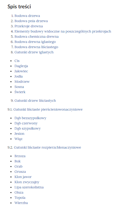 Grafika przedstawia spis treści infografiki o tytule Makroskopowa budowa drewna. 