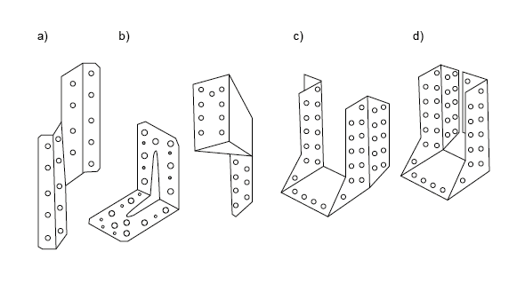 Rysunek przedstawia kształtowniki z blachy do łączenia elementów konstrukcji drewnianych. Wyróżnione są kształtowniki: do łączenia krokwi z płatwią, łączniki kątowe, łączniki uniwersalne, wsporniki belkowe.