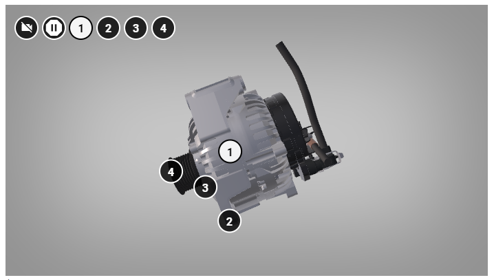 Ilustracja przedstawia model przestrzenny pojazdu alternatora. Na alternatorze jest punkt klikalny, czyli kółko z cyfrą jeden w środku. W lewym górnym rogu znajdują się cztery klikalne małe ikony. Od lewej. Jeden. Przekreślona kamera. Dwa. Dwie pionowe kreseczki oznaczające zatrzymanie obrazu oraz cztery punkty klikalne.