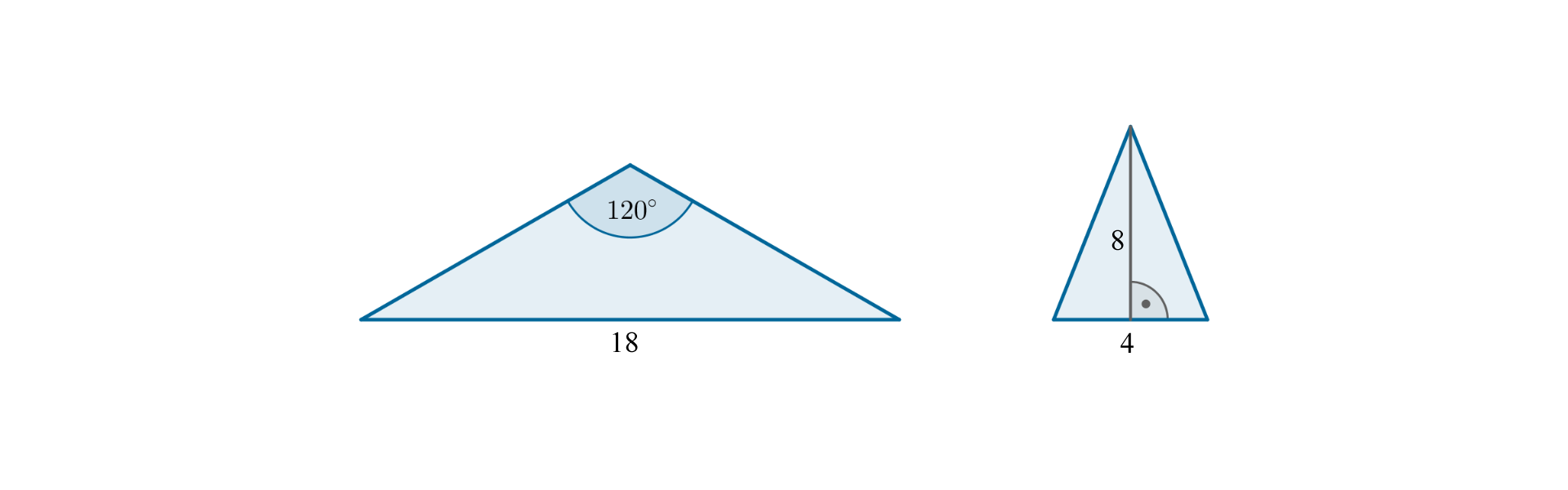 Ilustracja przedstawia dwa trojkąty. Pierwszy rozwartokątny o kącie 120 stopni i długości przeciwprostokątnej 18, drugi równoramienny o podstawie długości 4 i wysokości 8.