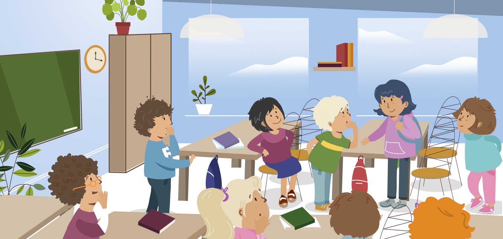 Ilustracja przedstawia wnętrze klasy lekcyjnej, gdzie nauczycielka zajmuje miejsce za biurkiem. W sali znajduje się kilka ławek, na których leżą książki. Wśród ośmiorga uczniów, są chłopcy i dziewczynki. Niektórzy siedzą, a inni stoją wokół ławek. Wszyscy spoglądają na jedną z dziewczynek. Po lewej stronie na ścianie wisi zielona tablica, zegar a obok stoi szafka.