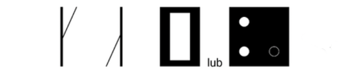 Ilustracja przedstawia wskaźnik <math aria‑label='wu zet'>Wz jeden jazda na wprost. Znajdują się tu 4 rysunki. Od lewej.Rysunek pierwszy. Pionowa grubsza kreska i ukośna cieńsza kreska odchodząca od środka pionowej linii ukośnie w prawo do góry.Rysunek drugi. Pionowa grubsza kreska i ukośna cieńsza kreska odchodząca od środka pionowej linii ukośnie w lewo w dół.Rysunek trzeci. Prostokąt o dłuższym pionowym boku. Prostokąt jest czarny, a w jego wnętrzu znajduje się mniejszy biały prostokąt o takich samych proporcjach.Rysunek czwarty. Czarny kwadrat. W lewym górnym i dolnym rogu znajduje się po jednym małym białym kole. W prawym dolnym rogu biały okrąg. Między trzecim i czwartym rysunkiem znajduje się słowo lub.