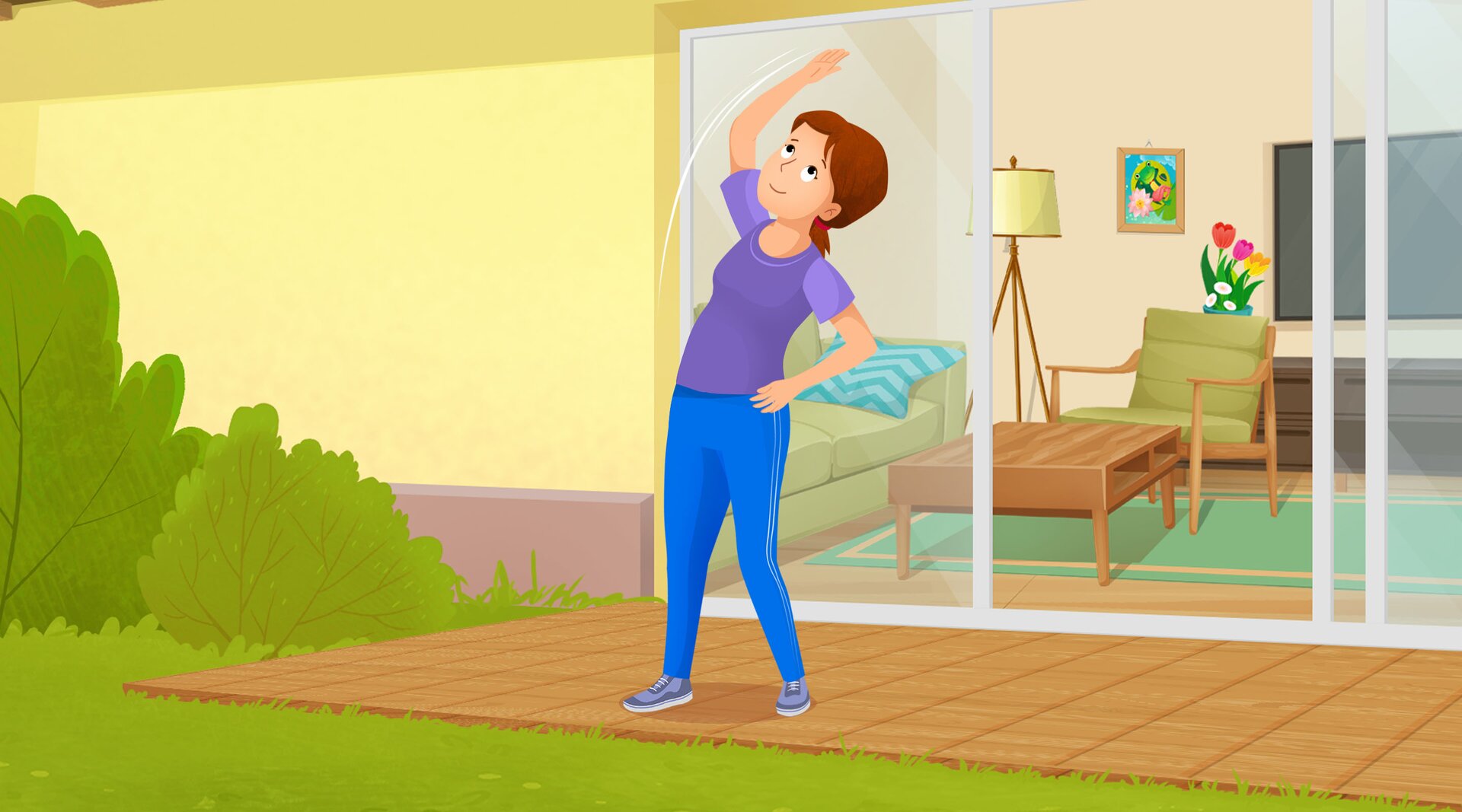 Na ilustracji znajduje się kobieta, która uprawia gimnastykę.