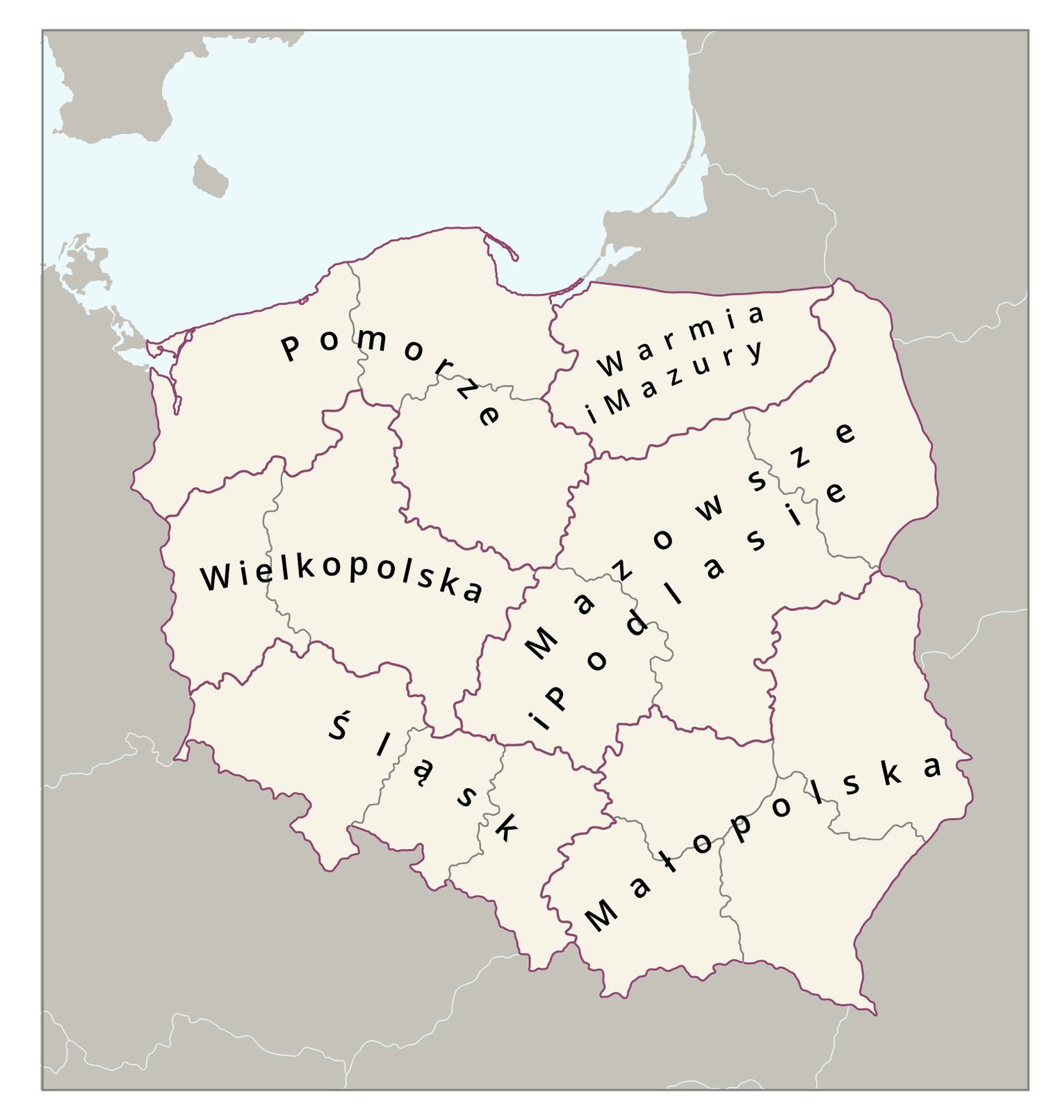 Na mapie Polski zaznaczono regiony turystyczne Polski. Na północy jest Pomorze graniczące z Warmią i Mazurami. Poniżej leży Wielkopolska granicząca z Mazowszem i Podlasiem. Na południu leży Śląsk oraz Małopolska. 
