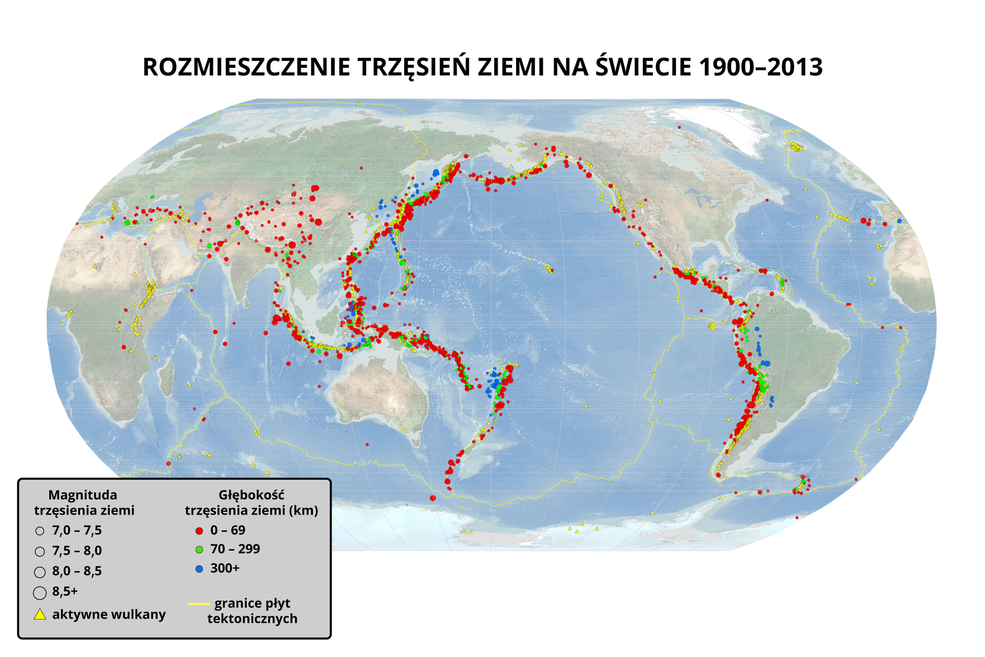 Ilustracja przedstawia mapę świata z zaznaczoną strefą występowania trzęsień ziemi. Wyróżniono strefę okołopacyficzną, która obejmuje pacyficzne wybrzeża obu Ameryk, archipelag Aleutów i Wysp Kurylskich, Japonię, Tajwan, Filipiny, Mariany, Nową Gwineę, archipelag Nowych Hebrydów, wyspy Fidżi, Samoa, Tonga, Kermadec i Nową Zelandię. Zaznaczono aktywne wulkany: występują w różnych miejscach w Pacyficznym Pierścieniu Ognia, ale także na wschodzie Afryki, na południu Europy (Włochy), na północ od Półwyspu Arabskiego, na północy i w środkowej części Atlantyku, na granicach płyt tektonicznych. Oznaczono głębokości trzęsień ziemi - od zera do 69 kilometrów to głębokość większości trzęsień ziemi zaznaczonych na mapie, oprócz strefy okołopacyficznej, również na południu i w centralnej Azji. Trzęsienia o głębokości od 70 do 299 kilometrów - głównie rejon Indonezji, Nowej Zelandii, Japonii, zachodnie wybrzeże Ameryki Południowej, pojedyncze na południu Europy i Azji. Trzęsienia ziemi o głębokości powyżej 300 kilometrów - głównie zachodnia część strefy okołopacyficznej oraz na zachodzie Ameryki Południowej.     