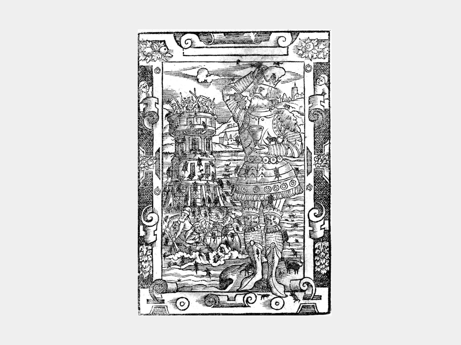 Rycina przedstawiająca Popiela. Po stojącej postaci władcy chodzą myszy.