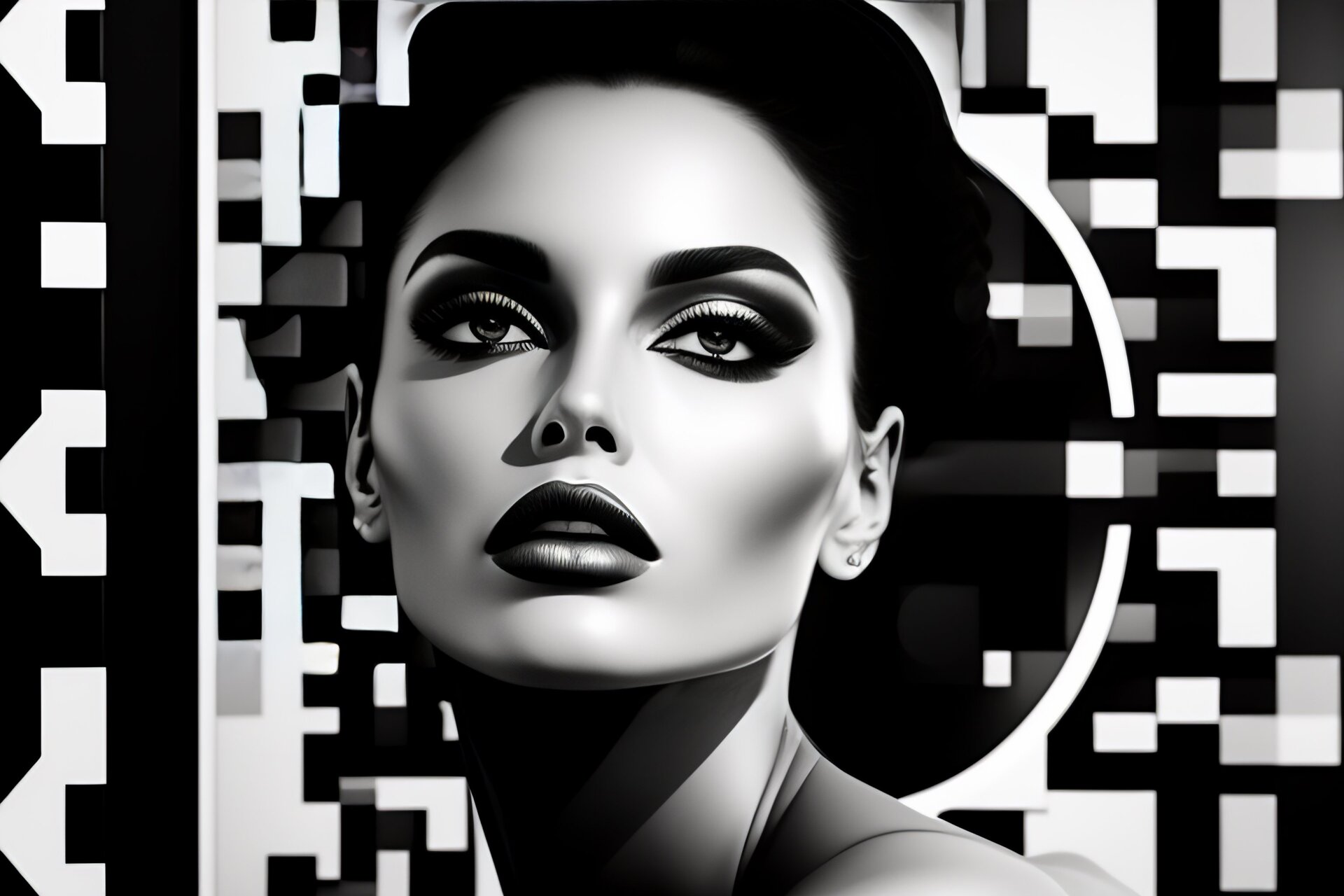 Zdjęcie przedstawia fotomontaż. Widoczne jest czarno‑biało‑szare przedstawienie twarzy kobiecej z przodu, bardzo mocno przerysowanej, z wyraźniej zaznaczonymi kośćmi policzkowymi, ustami, oczami, nosem i brwiami. Widoczne są głębokie cienie nadające graficzny wygląd. Głowa kobiety nałożona jest na tło złożone z różnych figur geometrycznych, naprzemiennie białych, czarnych i szarych, w układzie poziomym i pionowym.