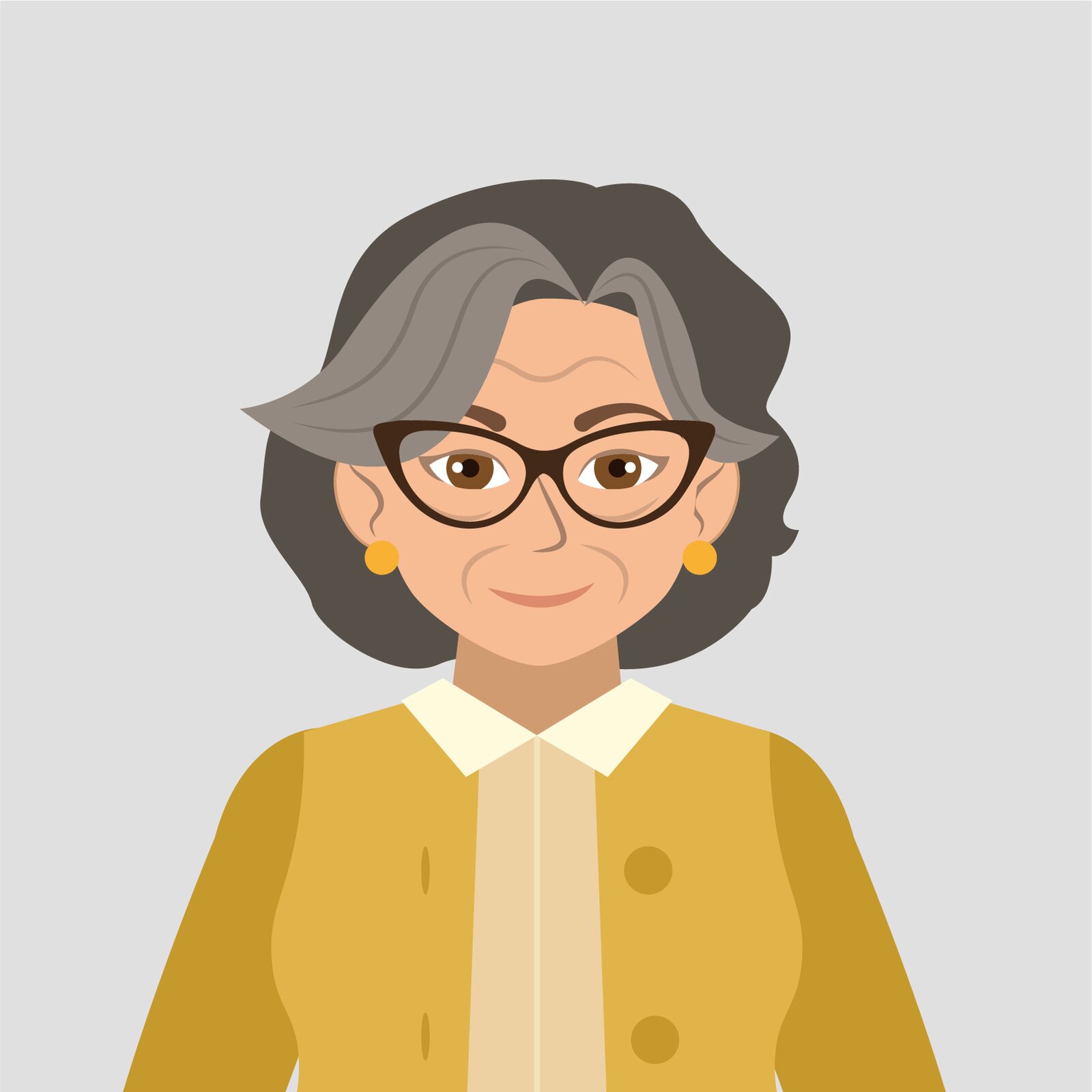 Ilustracja przedstawia starszą panią w okularach, ubraną w zapinany sweter i koszulę z kołnierzykiem. 