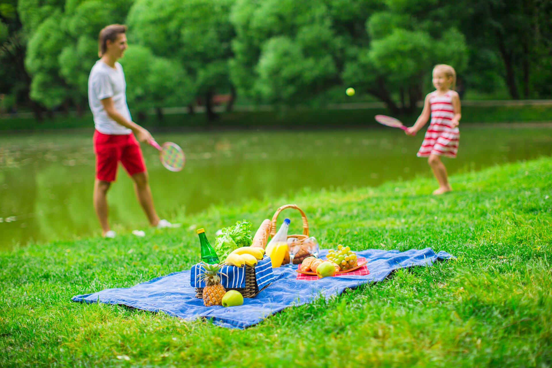 Fotografia przedstawia dziewczynkę z bratem lub tatą podczas aktywnego wypoczynku na łonie natury, połączonego z piknikiem. Na pierwszym tle koc z koszami piknikowymi wypełnionymi pożywieniem. Na drugim tle - toczy się gra, polegająca na odbijaniu piłki za pomocą paletek.