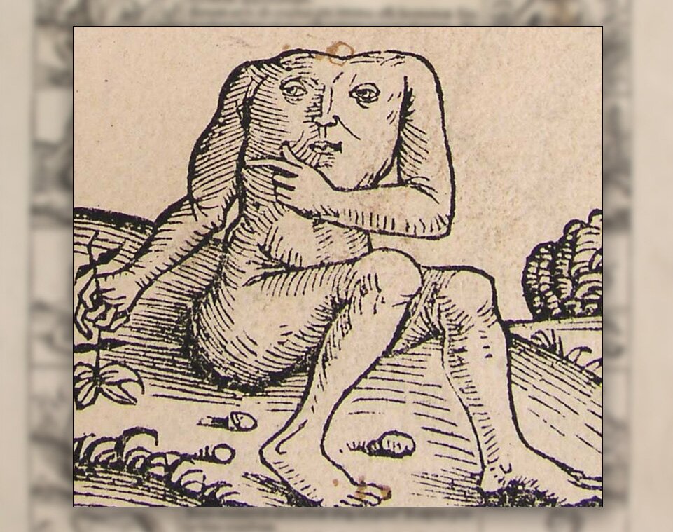 Ilustracja przedstawiająca człowieka bez głowy, o twarzy na torsie.