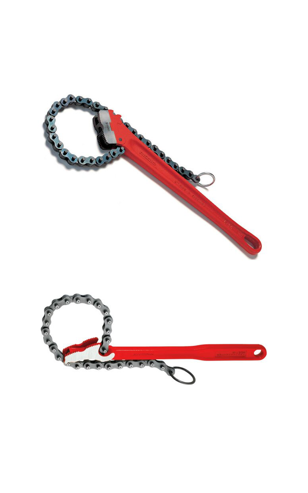 Na zdjęciu widoczny jest klucz składający się z rękojeści i sztywnego łańcucha, który tworzy regulowaną pętlę na końcówce rękojeści w dwóch ujęciach.