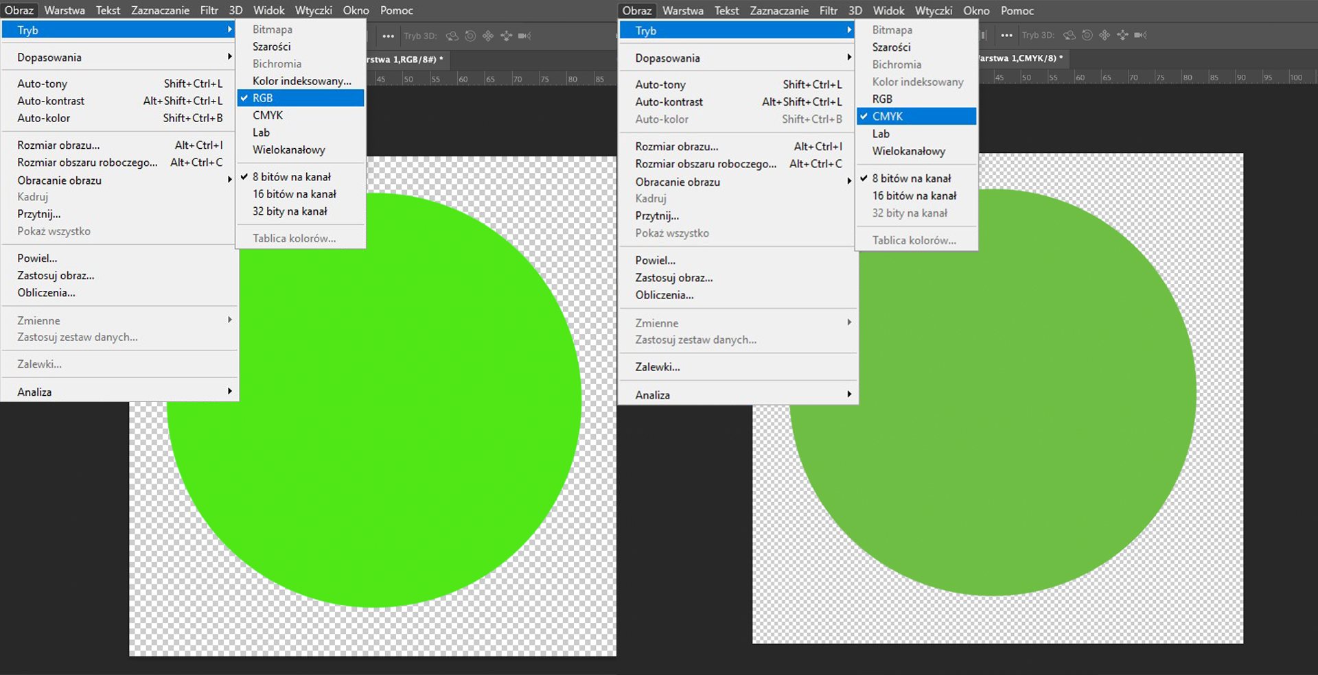 Ilustracja przedstawia dwa okna programu. W oknach są zielone koła. Z menu wybrano opcję Okna, następnie Tryb. W oknie po lewej stronie kolejno wybrano RGB, a w oknie po prawej stronie CMYK. Koło po lewej stronie w trybie RGB ma bardziej jaskrawy kolor. 