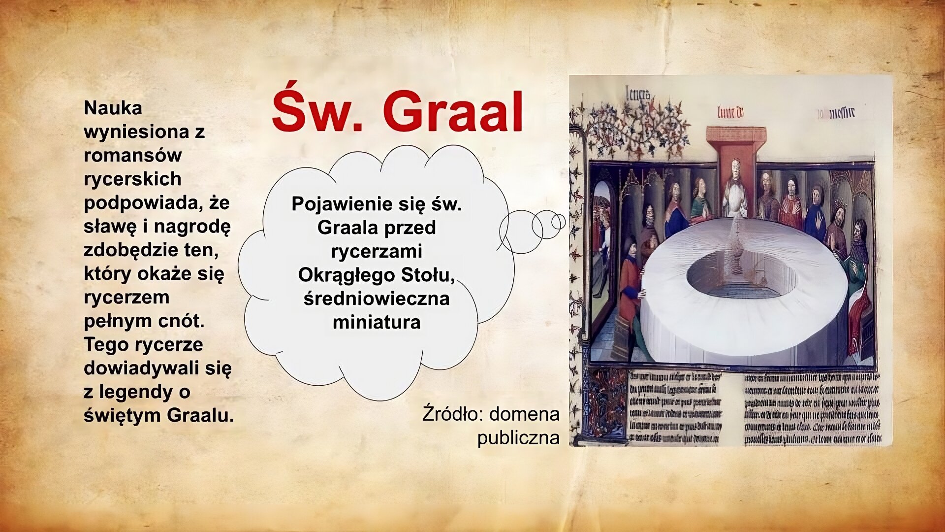 Slajd zatytułowany jest: Święty Graal. Napis wykonany jest czerwonymi literami na jasnobrązowym tle. Po lewej stronie znajduje się napis: Nauka wyniesiona z romansów rycerskich podpowiada, że sławę i nagrodę zdobędzie ten, który okaże się rycerzem pełnym cnót. Tego rycerze dowiadywali się z legendy o świętym Graalu. Napis wykonany jest czarnymi literami na jasnobrązowym tle. Po prawej stronie znajduje się ilustracja. Ilustracja przedstawia rycerzy zgromadzonych wokół okrągłego stołu. Na wyróżnionym miejscu zasiada król Artur. Mają oni złożone do modlitwy dłonie. Obserwują nagłe pojawienie się cudownego przedmiotu nazwanego świętym Graalem. Ilustracja podpisana jest: Pojawienie się św. Graala przed rycerzami Okrągłego Stołu, średniowieczna miniatura.