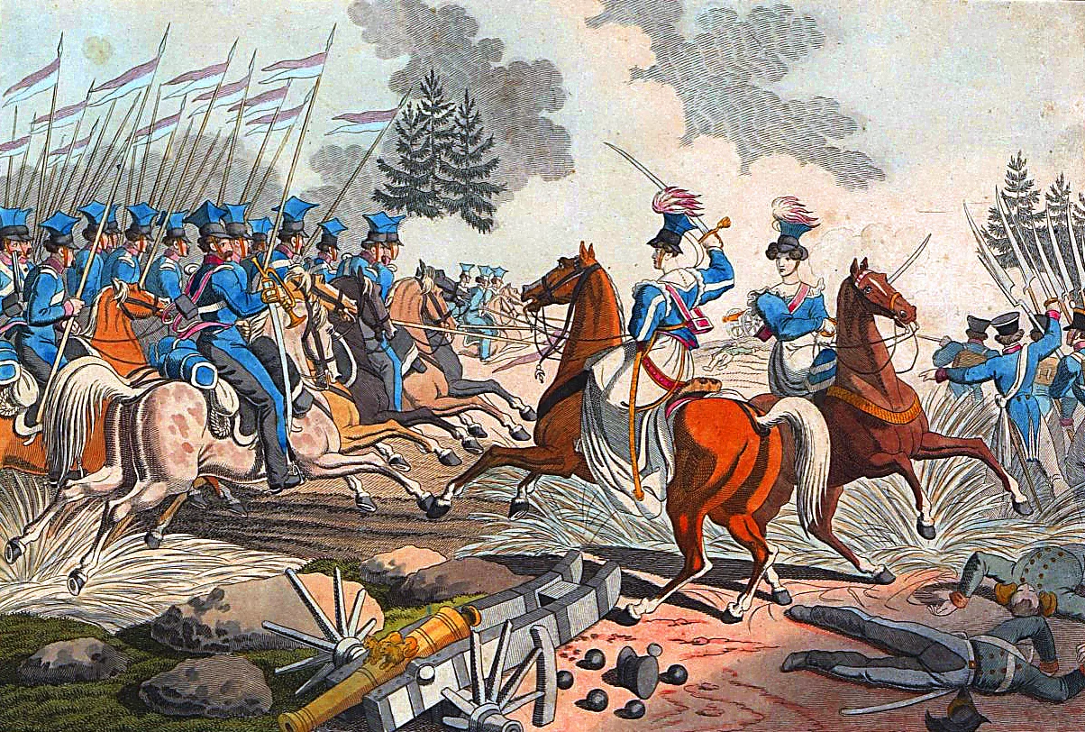 Kliknij żeby powiększyć Na ilustracji widoczna bitwa. Z lewej oddział konnicy, na koniach żołnierze w jednolitych mundurach, w rękach trzymają piki z flagami. W centrum ilustracji mężczyzna na koniu, widoczny jest tyłem, ma podniesioną prawą rękę w której trzyma szablę. Skierowany jest twarzą do żołnierzy. Za nim kobieta na koniu, ubrana w mundur taki sam, jaki nosi mężczyzna widoczny przed nią. Za nimi walcząca piechota, a przed widoczny leżący, prawdopodobnie nie żyjący już żołnierz.