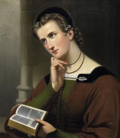 Obraz przedstawia kobietę, która trzyma w lewej dłoni otwartą Biblię. Kobieta siedzi. Jest zamyślona. Podpiera głowę na prawej dłoni.
