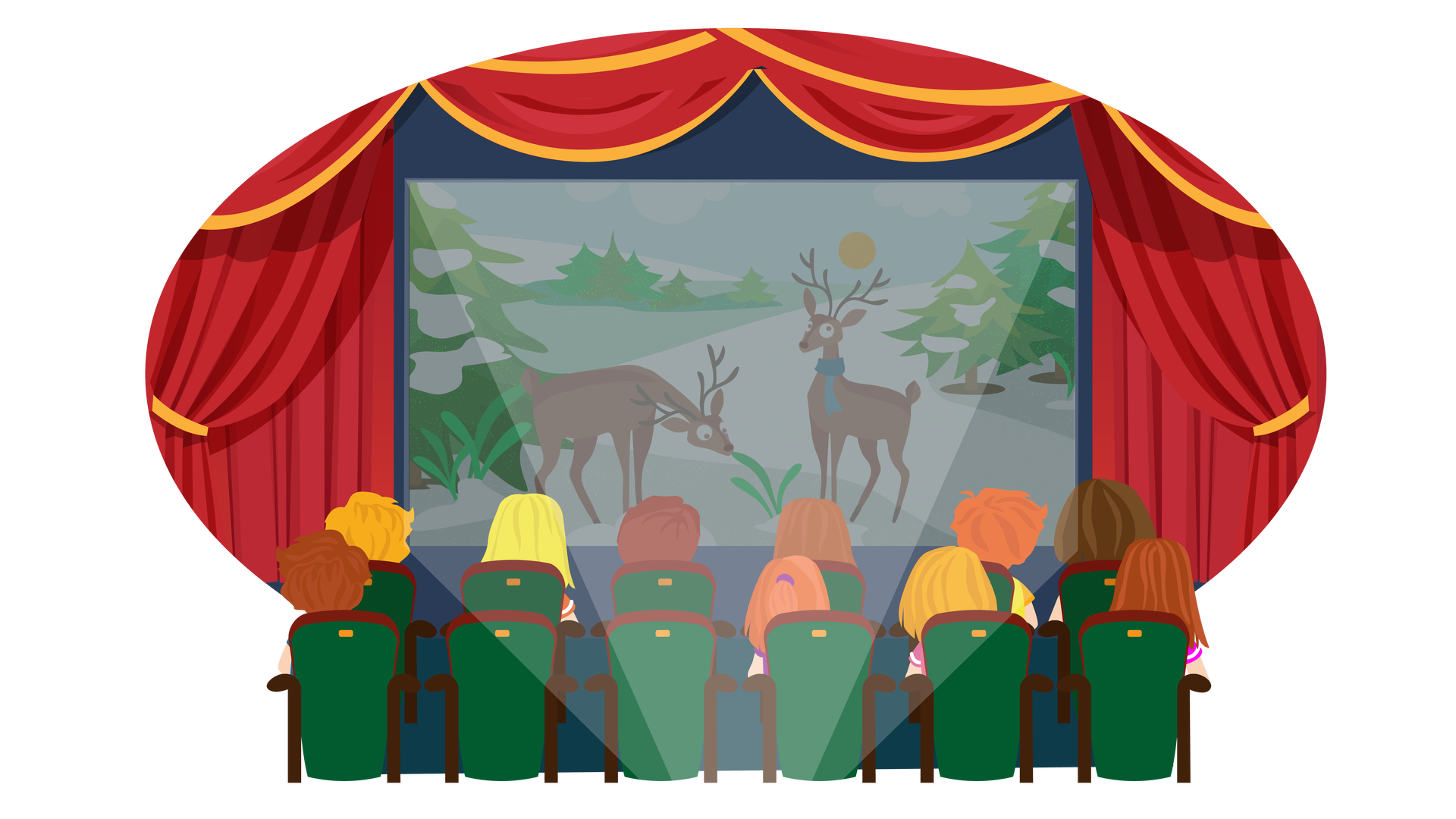 Ilustracja przedstawia salę kinową. W tle widać granatową ścianę, na środku której wisi duży prostokątny ekran. Na ekranie wyświetla się ujęcie przedstawiające zimowy krajobraz. Nad rozległym ośnieżonym terenem rozciąga się błękitne niebo ze słońcem i jasnymi chmurami. Dookoła rosną ośnieżone drzewa iglaste. Na pierwszym planie stoją dwa brązowe renifery. Każdy z nich ma długie poroże, czyli rozgałęzione rogi. Renifer znajdujący się po lewej stronie zbliża nos do rosnącej obok niego kępki wysokiej trawy. Renifer znajdujący się po prawej stronie patrzy przed siebie. Szyję ma owiniętą niebieskim szalikiem. Nad ekranem i po jego bokach wisi bordowa kurtyna. Na pierwszym planie stoją dwa rzędy ciemnozielonych krzeseł. Siedzi na nich dziesięcioro dzieci widocznych tyłem. W pierwszym rzędzie siedzą od lewej: blondwłosy chłopiec, blondwłosa dziewczynka, brązowowłosy chłopiec, dziewczynka o jasnobrązowych włosach, rudowłosy chłopiec oraz dziewczynka o ciemnobrązowych włosach. W drugim rzędzie po lewej stronie siedzi brązowowłosy chłopiec, obok niego są dwa puste krzesła, a dalej siedzą: rudowłosa dziewczynka, blondwłosa dziewczynka i brązowowłosa dziewczynka.