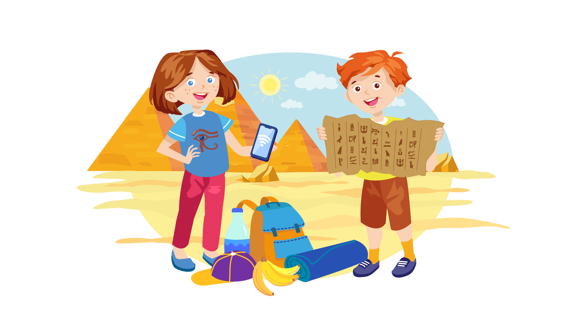 Ilustracja przedstawia pustynię. W tle widać błękitne niebo ze słońcem i jasnymi chmurami oraz dwie wysokie piramidy. Na pierwszym planie leżą na piasku różne przedmioty. Są to: żółto‑fioletowa czapka z daszkiem, cztery banany, butelka wody, niebiesko‑pomarańczowy plecak i zwinięta w rulon granatowa karimata, czyli cienki przenośny materac. Po lewej stronie stoi szeroko uśmiechnięta Maja. W lewej dłoni trzyma smartfona, na którym wyświetla się symbol internetu bezprzewodowego. Prawą dłoń opiera o biodro. Na koszulce dziewczynki znajduje się brązowy symbol przypominający oko, wykorzystywany w pradawnym języku. Po prawej stronie stoi szeroko uśmiechnięty Franek. W rękach trzyma rozłożony brązowy papier, na którym są zapisane hieroglify, czyli znaki najstarszego rodzaju pisma egipskiego.
