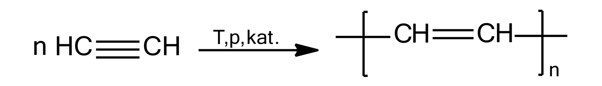 Ilustracja przedstawiająca schemat reakcji polimeryzacji acetylenu. n cząsteczek etynu, strzałka w prawo, nad strzałką znajdują się katalizator i symbole temperatury T oraz ciśnienia p, za strzałką w nawiasie kwadratowym znajdują się dwie połączone za pomocą wiązania podwójnego grupy CH, od każdej z nich odchodzi po jednym wiązaniu pojedynczym wychodzącym poza nawias kwadratowy, względem którego w indeksie dolnym znajduje się litera n.