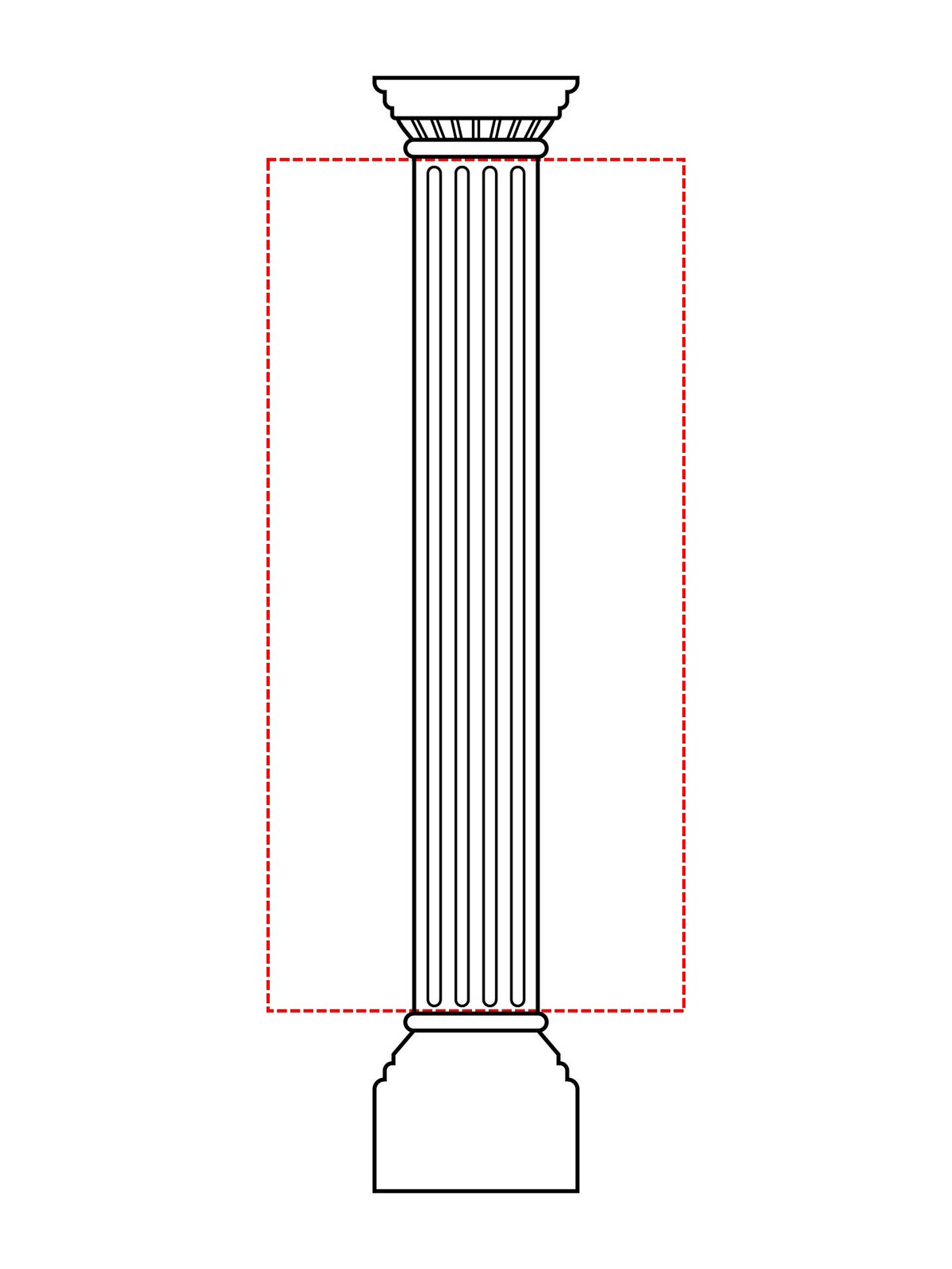 Czarno‑biała ilustracja przedstawia kolumnę - element architektoniczny służący jako podpora konstrukcyjna lub jako ozdoba. Kolumna ma żłobione ścianki. Kolorem czerwonym za pomocą czerwonej przerywanej linii oznaczono trzon.