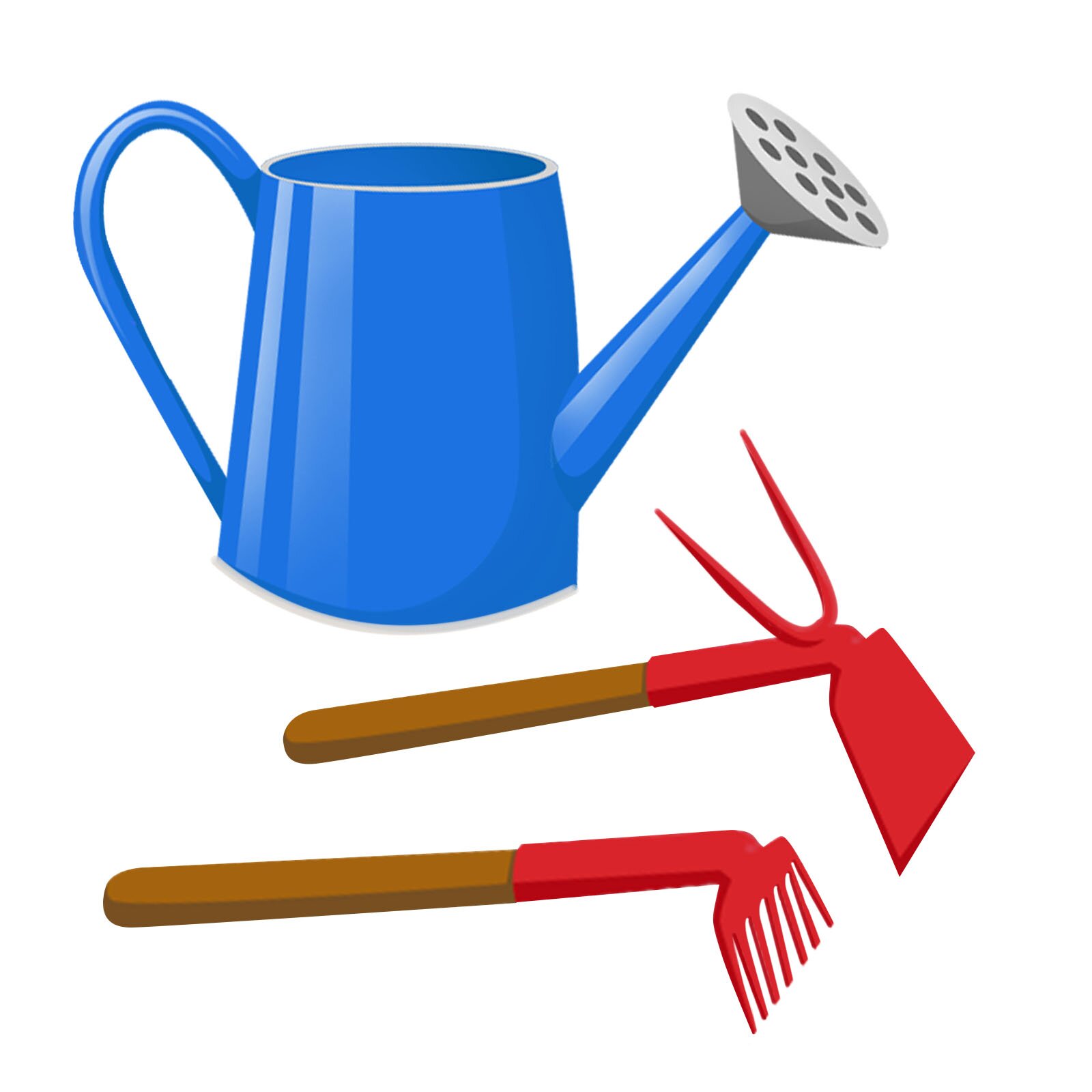 Ilustracja przedstawia narzędzia ogrodnicze: konewkę, łopatkę i grabki.