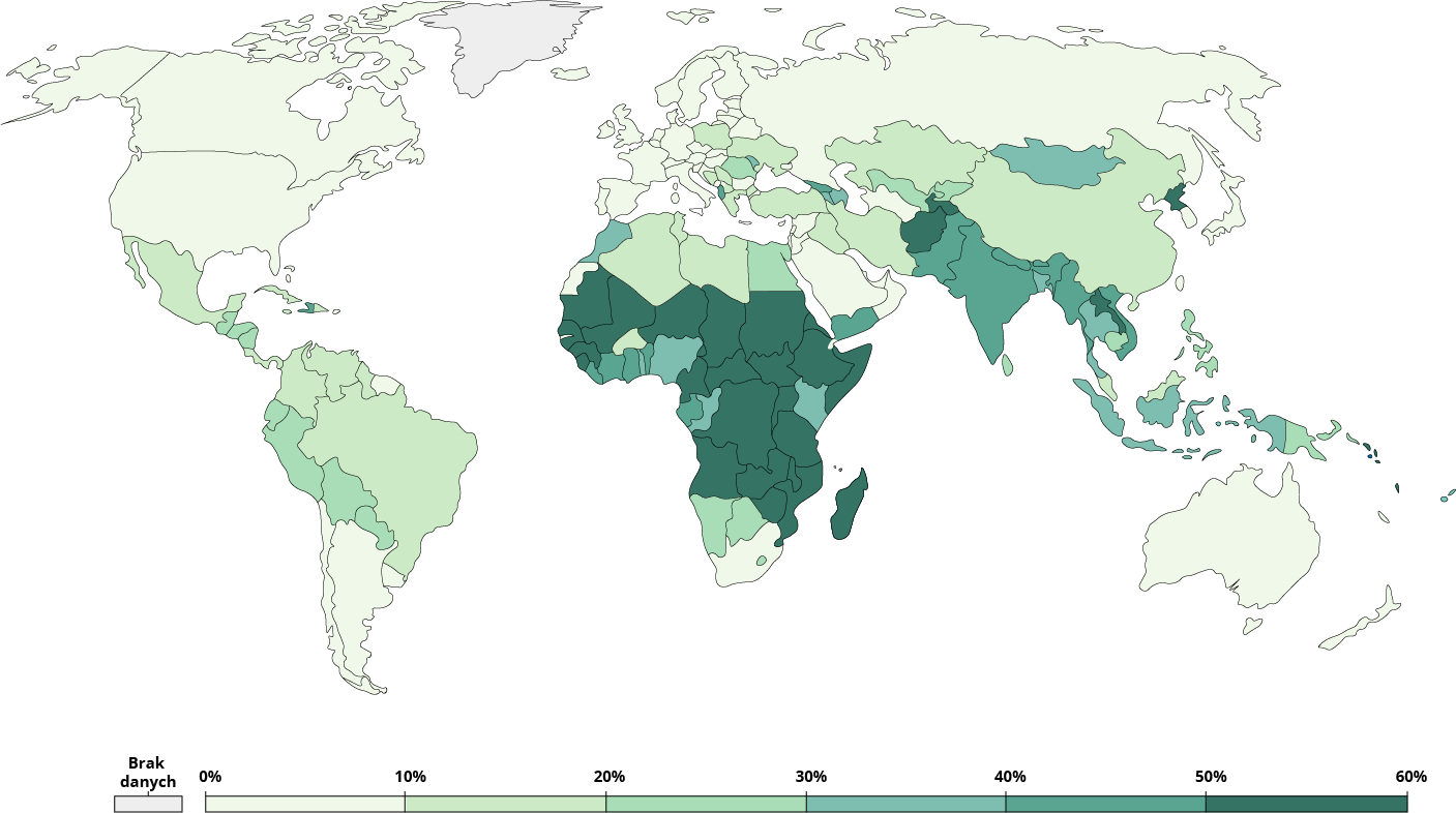 Mapa świata przedstawia zatrudnienie w rolnictwie. Wartości od 50 do 60% występują w Mali, Mauretanii, Nigrze, Czadzie, Sudanie, Kamerunie, Etiopii, Somalii, Demokratycznej Republice Konga, Republice Środkowoafrykańskiej, Tanzanii, Angoli, Mozambiku, Zimbabwe, Zambii, Ugandzie, na Madagaskarze, w Afganistanie. Wartości od 40 do 50% występują w Pakistanie, Indiach, Birmie, Jemenie. Wartości od 30 do 40% wystąpiły w Mongolii, Indonezji, Tajlandii, Republice Konga, Kenii, Nigerii. Wartości od 20 do 30% wystąpiły w Ameryce Środkowej, Peru, Boliwii, Egipcie, Namibii, Botswanie, Papui Nowej Gwinei, Rumunii. Wartości od 10 do 20% wystąpiły w Brazylii, Kolumbii, Wenezueli, Meksyku, Algierii, Libii, Polsce, na Ukrainie, w Grecji, Turcji, Iranie, Iraku, Kazachstanie, Chinach. Wartości do 10% występują w pozostałych krajach między innymi w Stanach Zjednoczonych, Kanadzie, Argentynie, Chile, Europie zachodniej i północnej, Rosji, Arabii Saudyjskiej, Omanie, Japonii, Australii.
