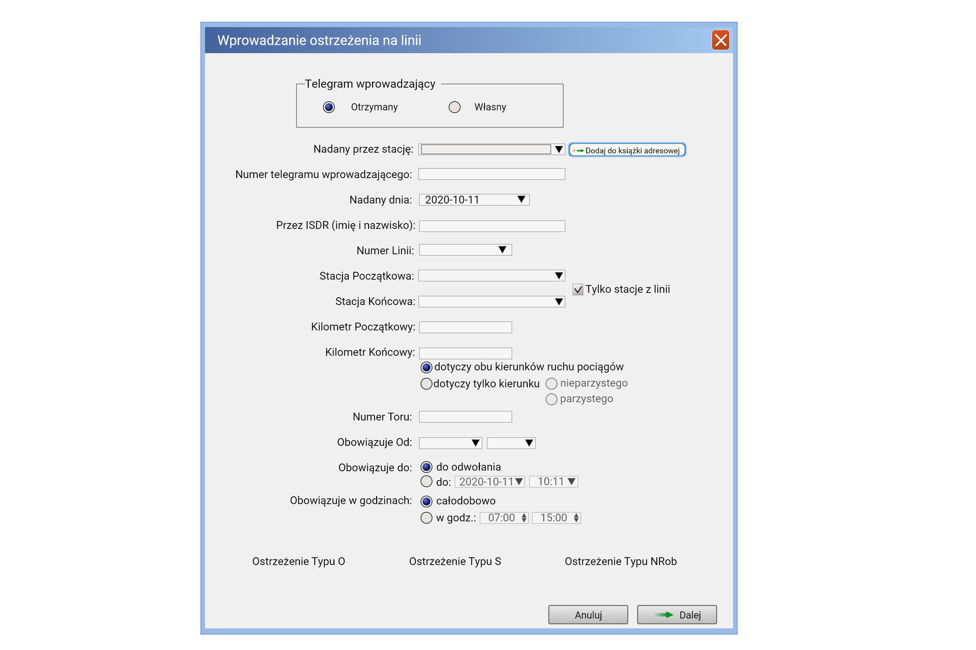 Okno wprowadzania ostrzeżenia w programie SERWO