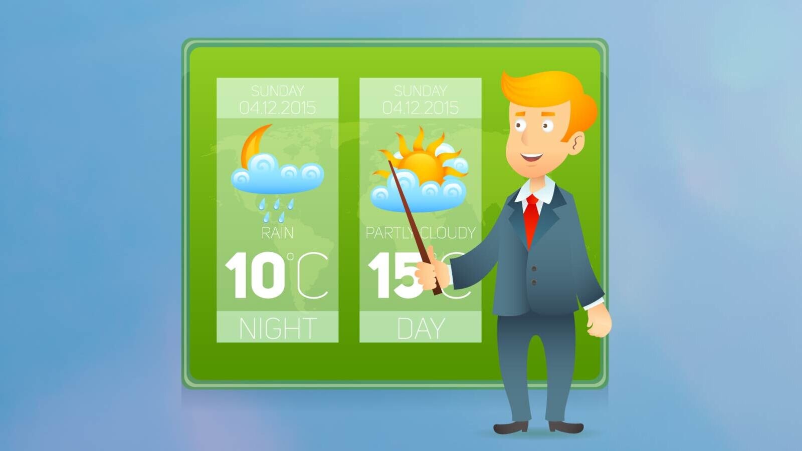 Ilustracja przedstawia mężczyznę w garniturze stojącego przed tablicą pogodową. Widoczne są dwie ilustracje, na których jest chmura, z za której na jednym obrazku wychodzi słońce a na drugim księżyc. Widoczna jest również temperatura powietrza. W dzień widnieje 15 stopni Celsjusza a w nocy 10 stopni Celsjusza. W nocy z chmury padają krople deszczu. Widoczny jest podpis w języku angielskim: NIGHT i DAY. 