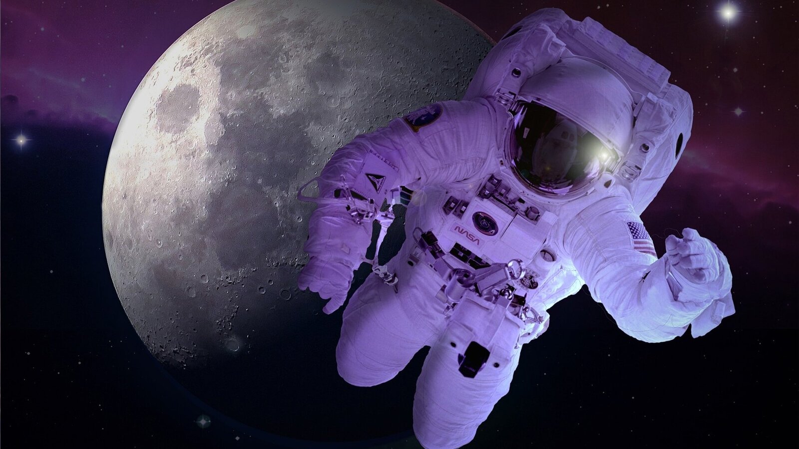 Zdjęcie przedstawia astronautę w przestrzeni kosmicznej. W tle znajduje się Księżyc.