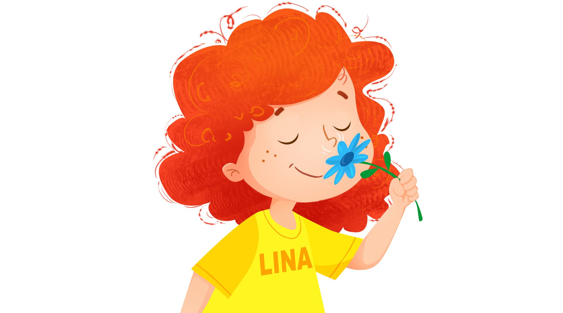 Na ilustracji znajduje się dziewczynka wąchająca kwiatek.