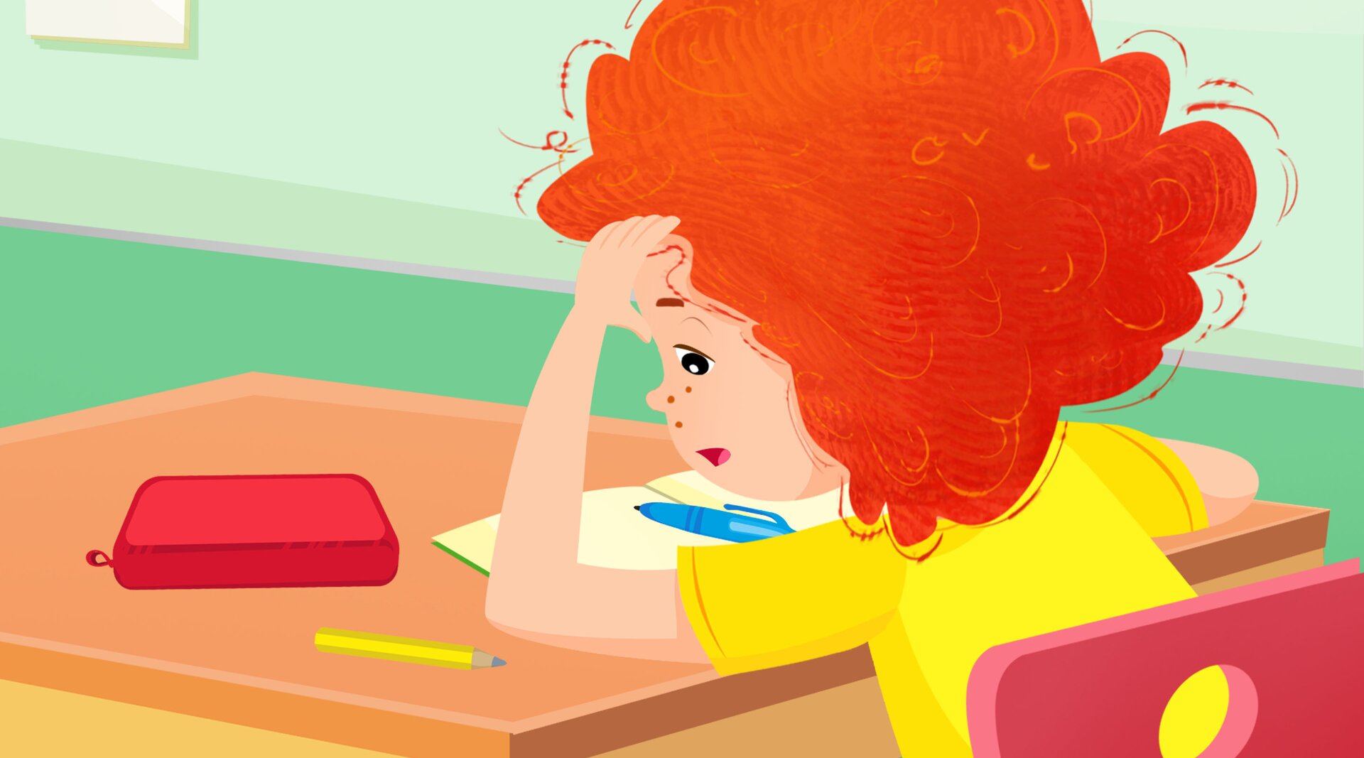 Na ilustracji znajduje się dziewczynka, która trzyma się za głowę. 