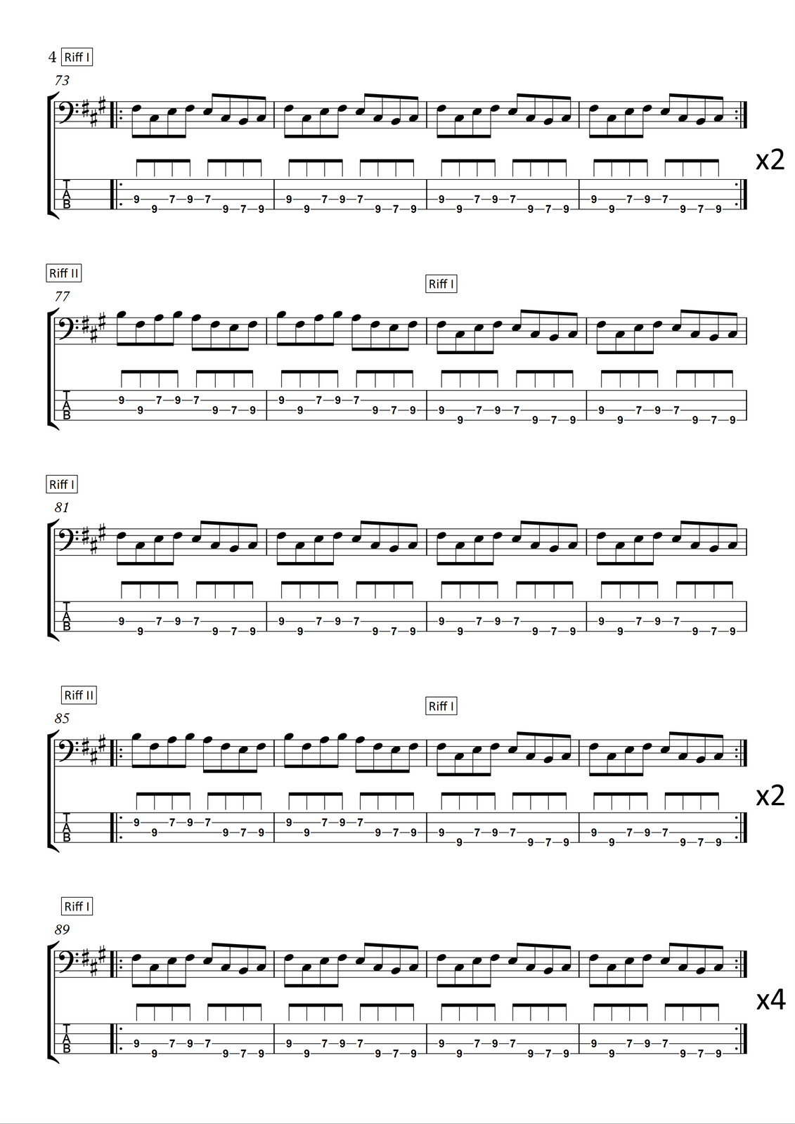 Akordy na gitarę basową do utworu „<span lang="en">Billie Jean</span>” autorstwa <span lang="en">Michaela Jacksona</span> Materiał przedstawia część partytury oraz tabulatury przeznaczonej na gitarę basową utworu „Billie Jean” Michaela Jacksona. Autorem słów oraz kompozytorem jest Michael Jackson. Utwór jest napisany w metrum cztery czwarte, w tonacji A‑dur. Wszystkie dźwięki znajdują się w obrębie oktaw wielkiej oraz małej i są zapisane w kluczu basowym oraz tabulaturze basowej. Pierwsza linijka na czwartej stronie, czyli takty od siedemdziesiątego trzeciego do siedemdziesiątego szóstego to ponownie pierwszy motyw (riff pierwszy). Wszystkie dźwięki w linijce to ósemki. Na pierwszą miarę w takcie siedemdziesiątym trzecim grane są dźwięki fis (dziewiąty próg na strunie A) oraz cis (dziewiąty próg na strunie E), na miarę drugą e (siódmy próg na strunie A) oraz fis (dziewiąty próg na strunie A), na trzecią miarę e (siódmy próg na strunie A) oraz cis (dziewiąty próg na strunie E), a na miarę czwartą h (siódmy próg na strunie E) oraz cis (dziewiąty próg na strunie E). Takty od siedemdziesiątego czwartego do siedemdziesiątego szóstego są dokładnie takie same, jak takt siedemdziesiąty trzeci. Cała linijka grana jest dwa razy. W drugiej linijce na czwartej stronie zapisano drugi motyw (riff drugi) w taktach siedemdziesiątym siódmym oraz siedemdziesiątym ósmym i ponownie motyw pierwszy (riff pierwszy) w taktach siedemdziesiątym dziewiątym oraz osiemdziesiątym. Wszystkie dźwięki w linijce to ósemki. Na pierwszą miarę w takcie siedemdziesiątym siódmym grany jest dźwięk h (dziewiąty próg na strunie D) oraz fis (dziewiąty próg na strunie A), na drugą miarę a (siódmy próg na strunie D) oraz h (dziewiąty próg na strunie D), na trzecią miarę a (siódmy próg na strunie D) oraz fis (dziewiąty próg na strunie A), a na miarę czwartą e (siódmy próg na strunie A) oraz fis (dziewiąty próg na strunie A). Kolejny, siedemdziesiąty ósmy takt, jest dokładnie taki sam, jak takt siedemdziesiąty siódmy. W siedemdziesiątym dziewiątym takcie grany jest motyw pierwszy: na pierwszą miarę grane są dźwięki fis (dziewiąty próg na strunie A) oraz cis (dziewiąty próg na strunie E), na miarę drugą e (siódmy próg na strunie A) oraz fis (dziewiąty próg na strunie A), na trzecią miarę e (siódmy próg na strunie A) oraz cis (dziewiąty próg na strunie E), a na miarę czwartą h (siódmy próg na strunie E) oraz cis (dziewiąty próg na strunie E). Takt osiemdziesiąty stanowi powtórzenie taktu siedemdziesiątego dziewiątego. Trzecia linijka na czwartej stronie, czyli takty od osiemdziesiątego pierwszego do osiemdziesiątego czwartego to ponownie pierwszy motyw (riff pierwszy). Wszystkie dźwięki w linijce to ósemki. Na pierwszą miarę w takcie osiemdziesiątym pierwszym grane są dźwięki fis (dziewiąty próg na strunie A) oraz cis (dziewiąty próg na strunie E), na miarę drugą e (siódmy próg na strunie A) oraz fis (dziewiąty próg na strunie A), na trzecią miarę e (siódmy próg na strunie A) oraz cis (dziewiąty próg na strunie E), a na miarę czwartą h (siódmy próg na strunie E) oraz cis (dziewiąty próg na strunie E). Takty od osiemdziesiątego drugiego do osiemdziesiątego czwartego są dokładnie takie same, jak takt osiemdziesiąty pierwszy. W piątej linijce na czwartej stronie zapisano drugi motyw (riff drugi) w taktach osiemdziesiątym piątym oraz osiemdziesiątym szóstym i ponownie motyw pierwszy (riff pierwszy) w taktach osiemdziesiątym siódmym oraz osiemdziesiątym ósmym. Wszystkie dźwięki w linijce to ósemki. Na pierwszą miarę w takcie osiemdziesiątym piątym grany jest dźwięk h (dziewiąty próg na strunie D) oraz fis (dziewiąty próg na strunie A), na drugą miarę a (siódmy próg na strunie D) oraz h (dziewiąty próg na strunie D), na trzecią miarę a (siódmy próg na strunie D) oraz fis (dziewiąty próg na strunie A), a na miarę czwartą e (siódmy próg na strunie A) oraz fis (dziewiąty próg na strunie A). Kolejny, osiemdziesiąty szósty takt, jest dokładnie taki sam, jak takt osiemdziesiąty piąty. W osiemdziesiątym siódmym takcie grany jest motyw pierwszy: na pierwszą miarę grane są dźwięki fis (dziewiąty próg na strunie A) oraz cis (dziewiąty próg na strunie E), na miarę drugą e (siódmy próg na strunie A) oraz fis (dziewiąty próg na strunie A), na trzecią miarę e (siódmy próg na strunie A) oraz cis (dziewiąty próg na strunie E), a na miarę czwartą h (siódmy próg na strunie E) oraz cis (dziewiąty próg na strunie E). Takt osiemdziesiąty ósmy stanowi powtórzenie taktu osiemdziesiątego siódmego. Cała linijka grana jest dwa razy. Ostatnia, szósta linijka na czwartej stronie, czyli takty od osiemdziesiątego dziewiątego do dziewięćdziesiątego drugiego to ponownie pierwszy motyw (riff pierwszy). Wszystkie dźwięki w linijce to ósemki. Na pierwszą miarę w takcie osiemdziesiątym dziewiątym grane są dźwięki fis (dziewiąty próg na strunie A) oraz cis (dziewiąty próg na strunie E), na miarę drugą e (siódmy próg na strunie A) oraz fis (dziewiąty próg na strunie A), na trzecią miarę e (siódmy próg na strunie A) oraz cis (dziewiąty próg na strunie E), a na miarę czwartą h (siódmy próg na strunie E) oraz cis (dziewiąty próg na strunie E). Takty od dziewięćdziesiątego do dziewięćdziesiątego drugiego są dokładnie takie same, jak takt osiemdziesiąty dziewiąty. Cała linijka grana jest cztery razy.
