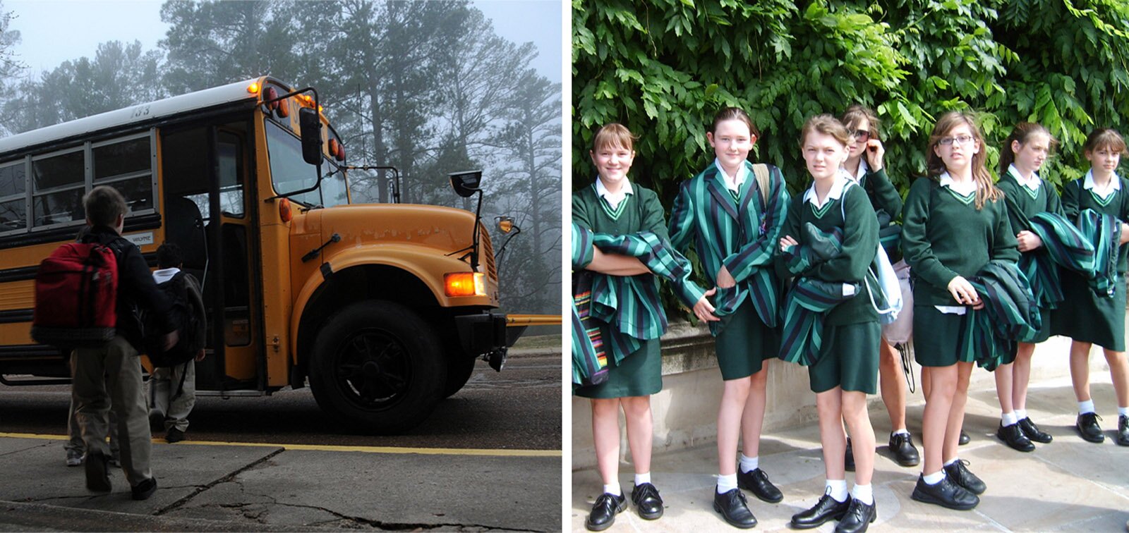 Ilustracja składa się z dwóch zdjęć. Na zdjęciu po lewej stronie widoczny jest żółty, szkolny autobusu zaparkowany na ulicy, do którego wsiadają dzieci z plecakami na plecach. W tle widoczne są wysokie drzewa, spowite mgłą. Na zdjęciu po prawej stronie widoczna jest grupa siedmiu uczennic, które są ubrane w mundurki szkolne: sweter w kolorze ciemnozielonym, białą koszulę, ciemnozieloną spódnicę, białe skarpetki, czarne buty oraz marynarki w zielone, ciemnozielone i ciemne pasy. Sześć dziewczyn ma marynarki przerzucona na przedramieniu, a jedna ma marynarkę założoną na sweter. Wszystkie mają na plecach plecaki. Dziewczyny stoją przy betonowym murku, a w tle widoczny jest pas zielonych drzew.