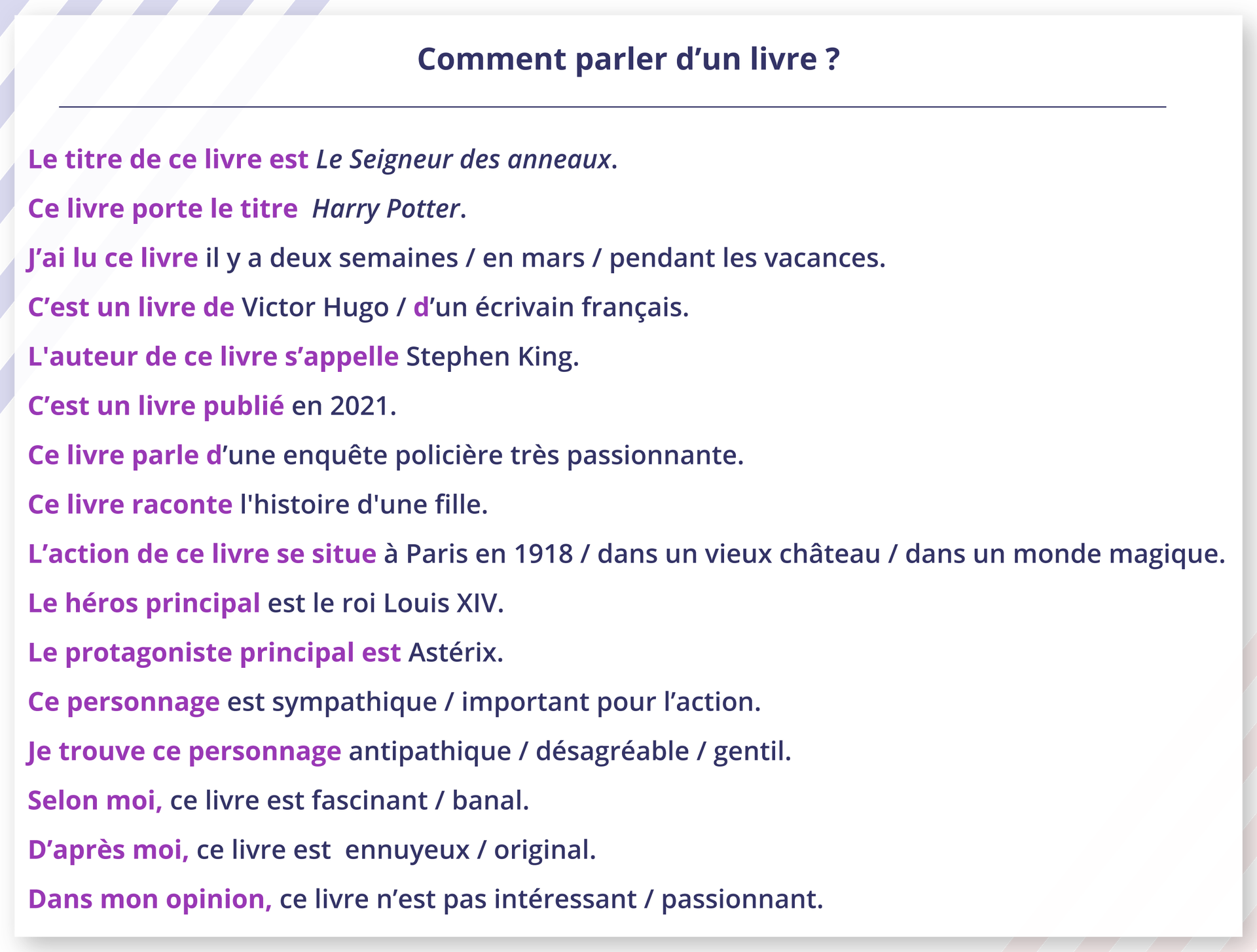 Ilustracja zatytułowana jest Comment parler d'un livre ? i zawiera następującą listę zdań: Le titre de ce livre est Le Seigneur des anneaux. Ce livre porte le titre Harry Potter. J'ai lu ce livre il y a deux semaines / en mars / pendant les vacances. C'est un livre de Victor Hugo / d'un écrivain français. L'auteur de ce livre s'appelle Stephen King. C'est un livre publié en 2021. Ce livre parle d'une enquête policière très passionnante. Ce livre raconte l'histoire d'une fille. L'action de ce livre se situe à Paris en 1918 / dans un vieux château / dans un monde magique. Le héros principal est le roi Louis XIV. Le protagoniste principal est Astérix. Ce personnage est sympathique / important pour l'action. Je trouve ce personnage antipathique / désagréable / gentil. Selon moi, ce livre est fascinant / banal. D'après moi, ce livre est ennuyeux / original. Dans mon opinion, ce livre n'est pas intéressant / passionnant.