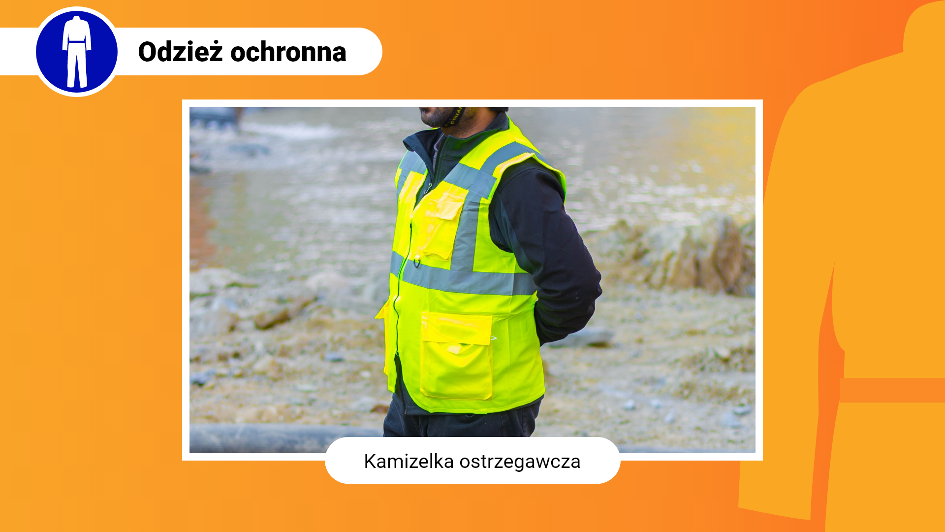 Zdjęcie w ramce z podpisem: kamizelka ostrzegawcza. Przedstawia zbliżenie na mężczyznę w jaskrawożółtej kamizelce ostrzegawczej. Kamizelka posiada odblaskowe pasy kontrastowe. Pod kamizelką mężczyzna ma założoną bluzę.