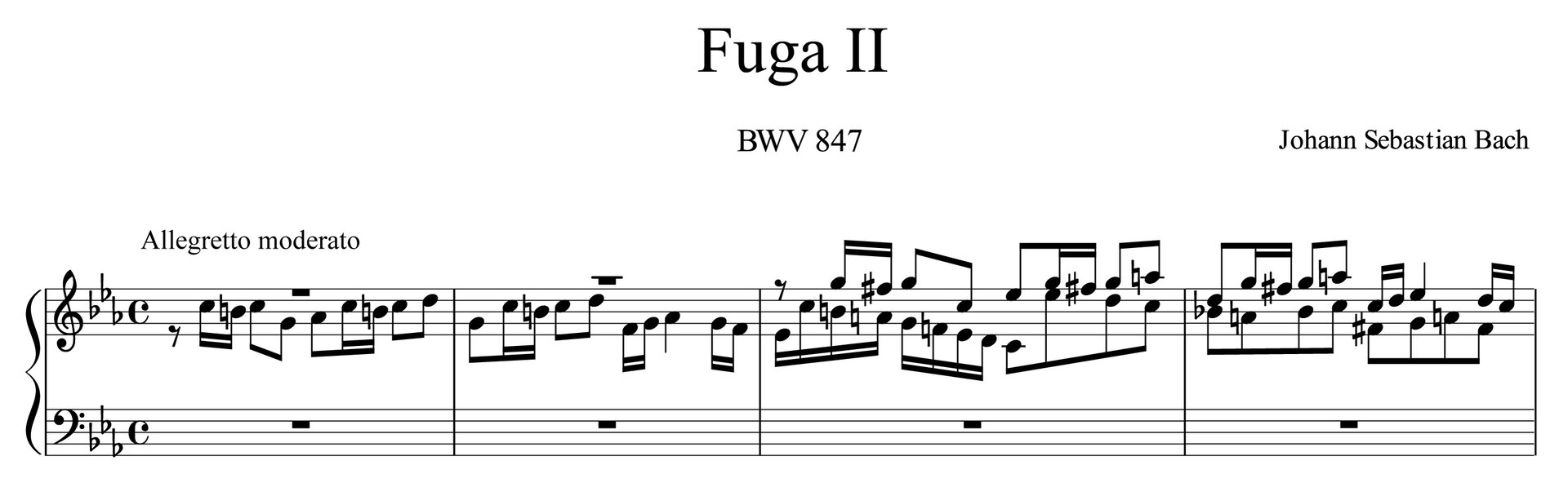 Ilustracja przedstawia zapis nut utworu „Fuga c-moll”, takty 1–4, autorstwa: Jana Sebastiana Bacha.