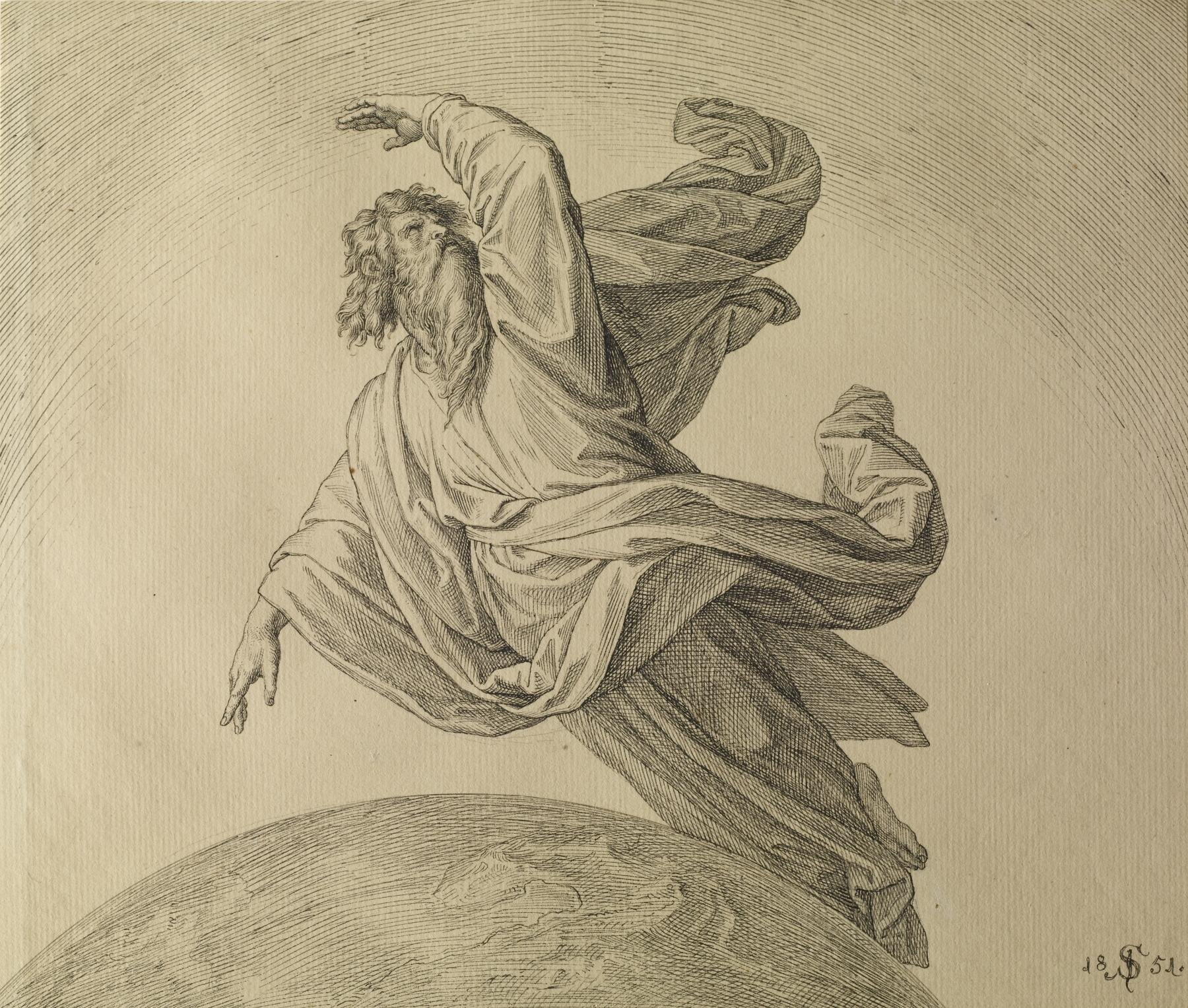 Kliknij żeby powiększyć Rysunek przedstawia starszego mężczyznę o długich, lekko kręconych włosach, wąsach i długiej, sięgającej piersi brodzie. Postać jest ubrana w obszerną szatę z długimi rękawami. Dodatkowo spowija ją przerzucony przez prawe ramię materiał. Mężczyzna unosi się w powietrzu, przechylając się lekko na lewo. Jego prawa dłoń jest wyciągnięta ku dołowi, lewa zaś uniesiona ku górze - znajduje się nad głową mężczyzny. Starzec spogląda w górę. Poniżej postaci widoczny jest fragment kulistego obiektu. Tło jest jasne, jednolite.