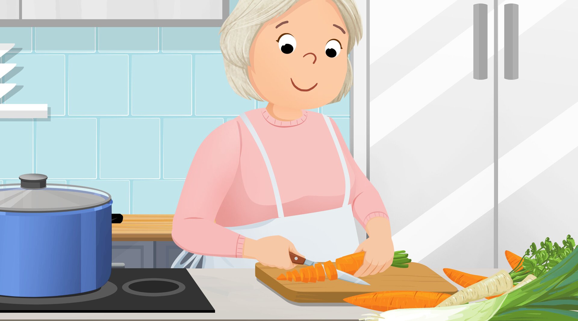 Na ilustracji kucharka kroi marchewkę.