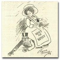 Ilustracja przedstawia kobietę ubraną w suknię i kapelusz na głowie siedzącą na mężczyźnie w cylindrze. W ręku trzyma plakat votes for women.