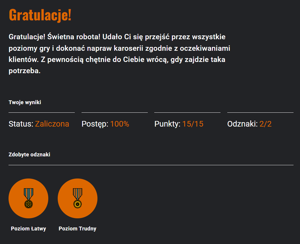 Przykładowy ekran podsumowujący grę