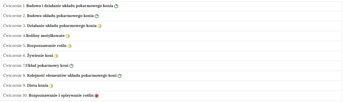Grafika przedstawia przykładowy widok ogólny harmonii z dziesięcioma interaktywnymi materiałami sprawdzającymi. Jest to kolumna z dziesięcioma wierszami. Wewnątrz każdego z nich został umieszczony numer ćwiczenia wraz z nazwą działu, którego dotyczy. Z boku dodatkowo znajduje się ikonka w kształcie sześciokąta oznaczająca poziom trudności. Zielona oznacza łatwy, żółta średni, a czerwona trudny. Po kliknięciu danego wiersza ukazuje się wybrane ćwiczenie.