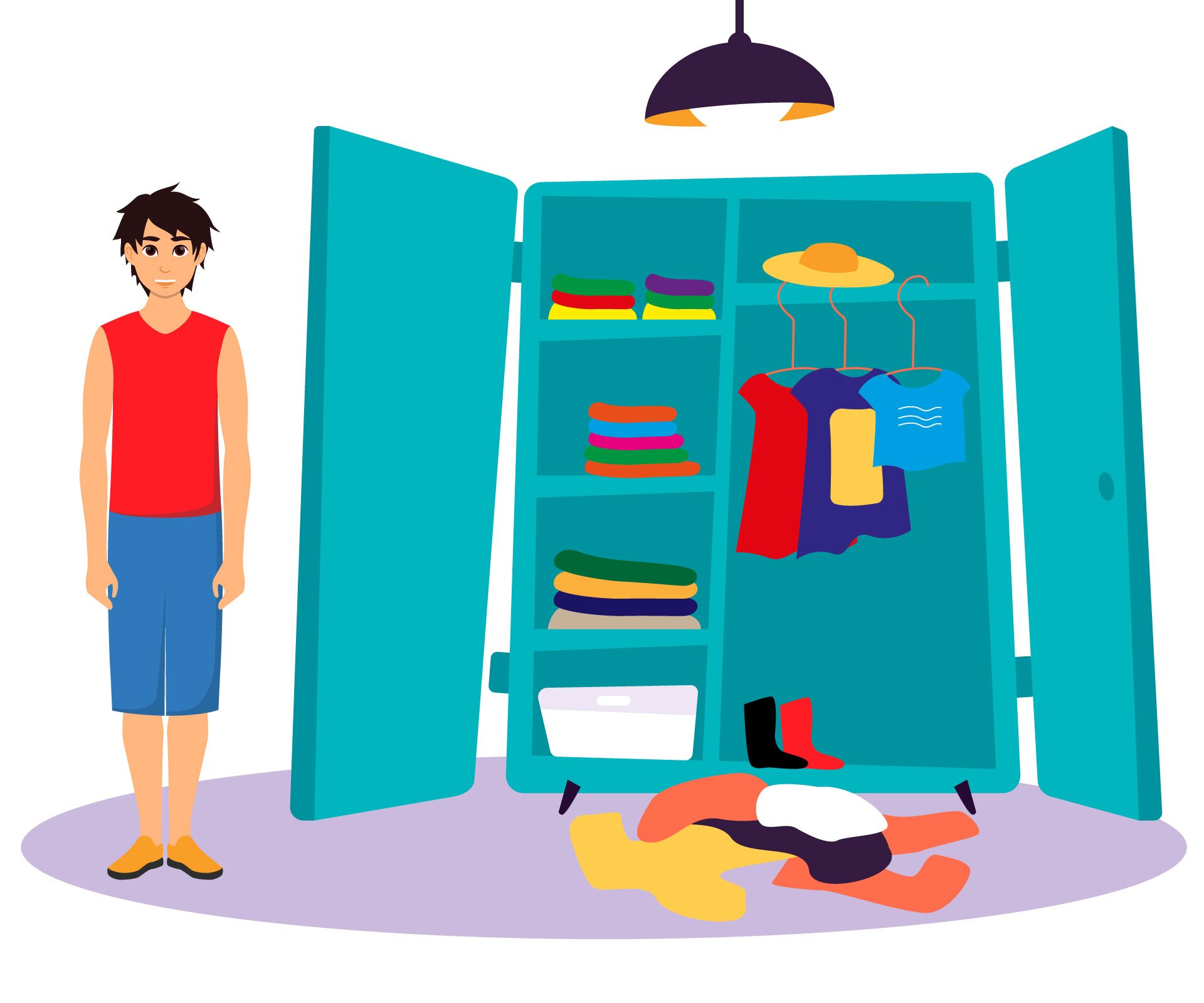 Ilustracja przedstawia mężczyznę  stojącego przed otwartą szafą na ubrania. W środku widoczne są ubrania różnokolorowe wiszące na wieszakach. Na półkach widoczne ubrania ułożone w kostkę. Przed szafą widoczny dywan i rozrzucone na nim ubrania. 