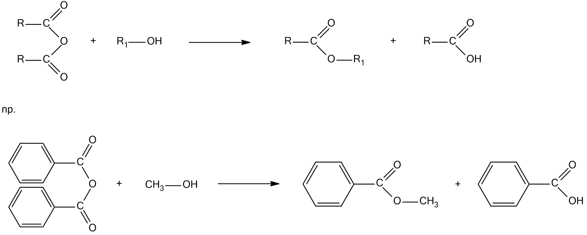 Ilustracja przedstawiająca ogólny schemat reakcji estryfikacji, to jest alkoholizy bezwodnika kwasowego wraz z przykładem. Cząsteczka bezwodnika kwasowego zbudowanego z podstawnika R związanego z atomem węgla połączonym za pomocą wiązania podwójnego z atomem tlenu oraz za pomocą wiązania pojedynczego z atomem tlenu O związanym z następnym atomem węgla połączonym za pomocą wiązania podwójnego z atomem tlenu oraz za pomocą wiązania pojedynczego z podstawnikiem R. Dodać cząsteczkę alkoholu zbudowanego z grupy hydroksylowej OH połączonej z podstawnikiem R1. Strzałka w prawo, za strzałką cząsteczka estru zbudowanego z podstawnika R związanego z atomem węgla połączonym za pomocą wiązania podwójnego z atomem tlenu oraz za pomocą wiązania pojedynczego z kolejnym atomem tlenu podstawionym grupą R1. Dodać cząsteczkę kwasu karboksylowego zbudowanego z podstawnika R związanego z atomem węgla połączonym za pomocą wiązania podwójnego z atomem tlenu oraz za pomocą wiązania pojedynczego z grupą hydroksylową OH. Poniżej przedstawiono przykładowe równanie reakcji pomiędzy bezwodnikiem kwasu benzoesowego i metanolem. Cząsteczka bezwodnika kwasu benzoesowego zbudowanego z grupy fenylowej połączonej z atomem węgla połączonym za pomocą wiązania podwójnego z atomem tlenu oraz za pomocą wiązania pojedynczego z atomem tlenu łączącym się z kolejnym atomem węgla podstawionym pierścieniem fenylowym oraz związanym za pomocą wiązania podwójnego z atomem tlenu. Dodać cząsteczkę metanolu zbudowanego z grupy hydroksylowej OH połączonej z podstawnikiem CH3. Strzałka w prawo, za strzałką cząsteczka estru zbudowanego z podstawnika fenylowego związanego z atomem węgla połączonym za pomocą wiązania podwójnego z atomem tlenu oraz za pomocą wiązania pojedynczego z kolejnym atomem tlenu podstawionym grupą metylową CH3. Dodać cząsteczkę kwasu benzoesowego zbudowanego z pierścienia fenylowego związanego z atomem węgla połączonym za pomocą wiązania podwójnego z atomem tlenu oraz za pomocą wiązania pojedynczego z grupą OH.