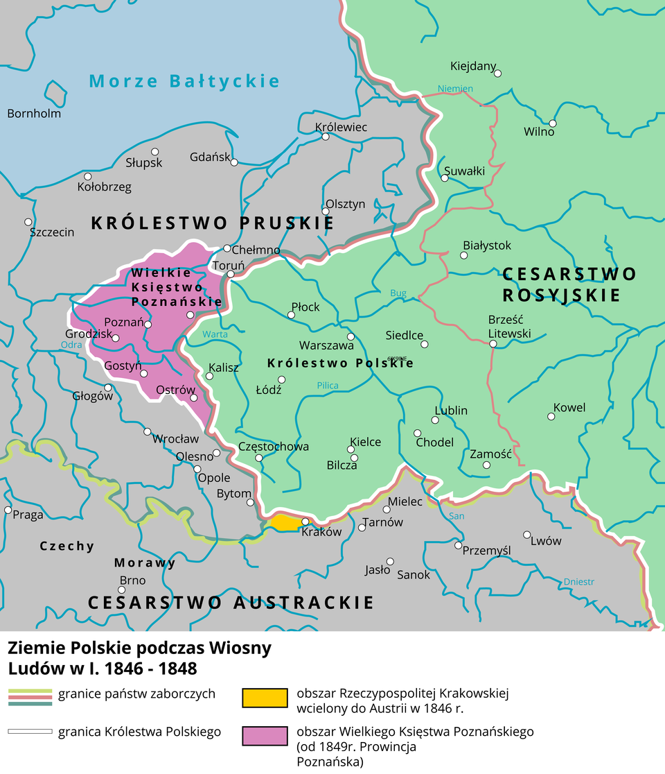 Mapa przedstawia Ziemie Polskie podczas Wiosny Ludów I. 1846- 1848. Największą część zajmuje Cesarstwo Rosyjskie, Królestwo Pruskie, Królestwo Polskie, Wielkie Księstwo Poznańskie, Cesarstwo Austriackie. Obszar Rzeczypospolitej Krakowskiej wcielony został do Austrii w 1846 r. Obszar wielkiego Księstwa Poznańskiego od 1849 roku prowincja Poznańska obejmował tereny z miastami Poznań, Grodzisk, Gostyń, Ostrów. Królestwo polskie było pod zaborem Cesarstwa Rosyjskiego, Królestwa Pruskiego, Cesarstwa Austriackiego.