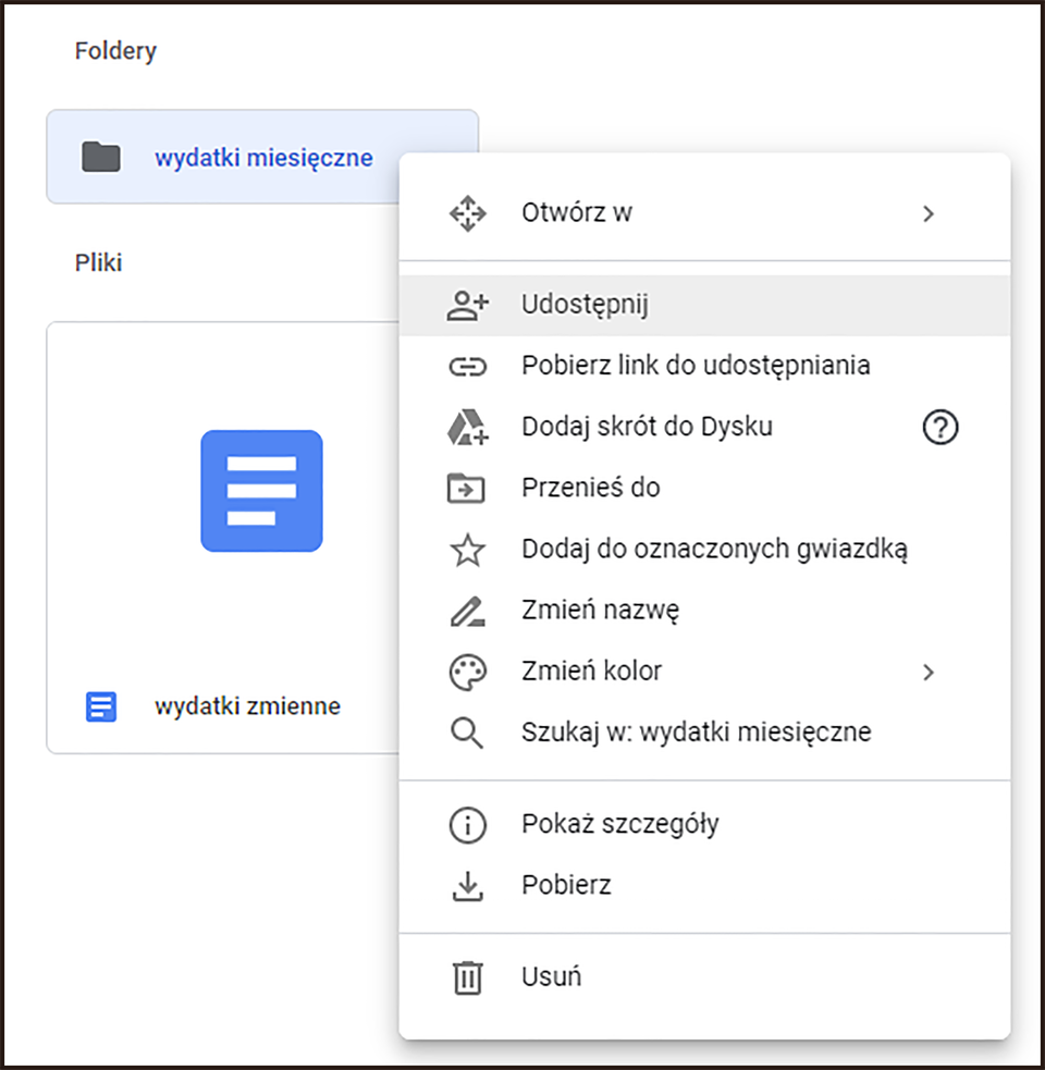 Ilustracja przedstawiająca dwa segmenty aplikacji Dysk Google: Foldery i Pliki. W segmencie Foldery znajduje się folder wydatki miesięczne. Nad folderem wyświetlono listę opcji dotyczącą folderu. Zaznaczono opcję Udostępnij. W segmencie Pliki znajduje się plik nazwany wydatki zmienne.  