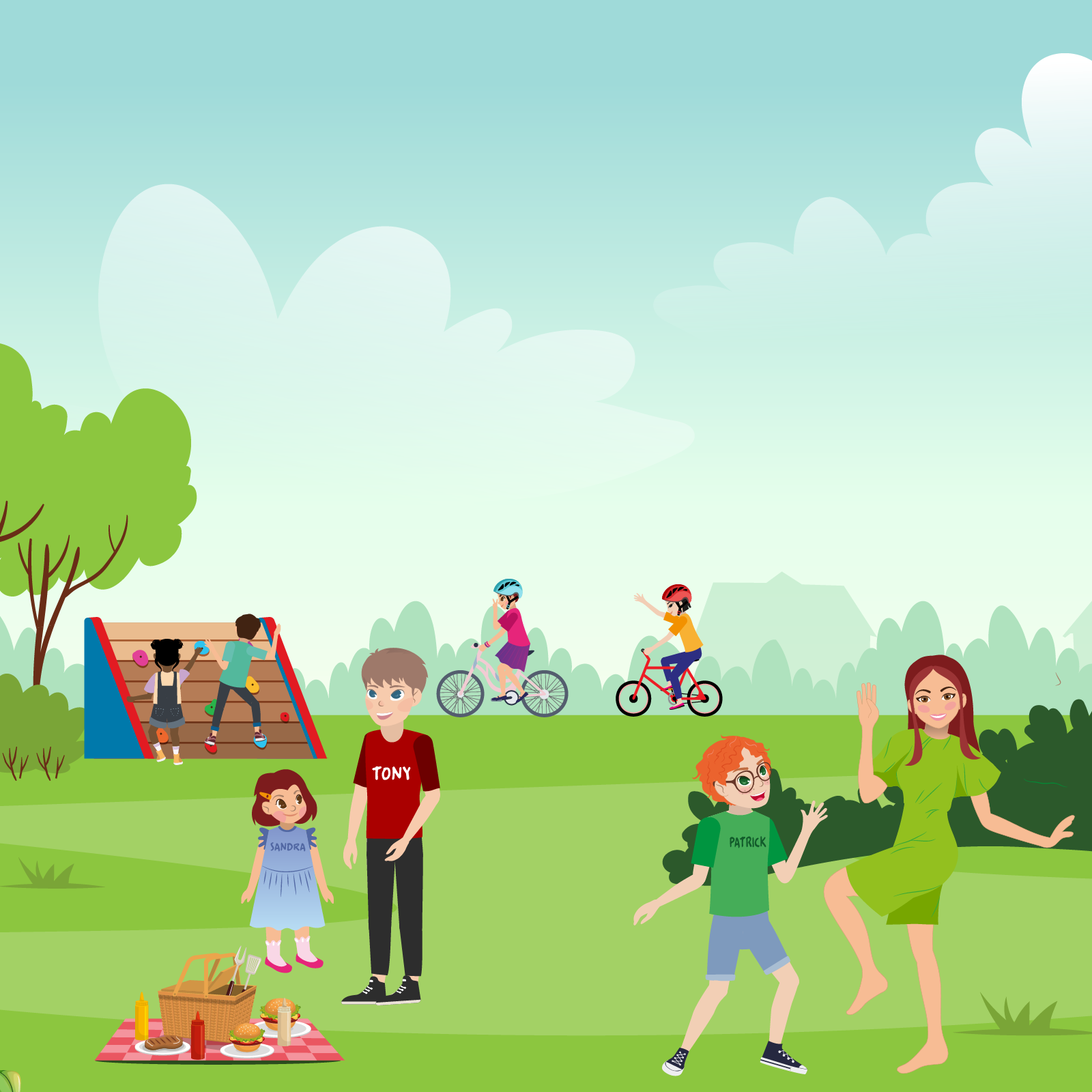 Ilustracja przedstawia scenkę w parku. Widoczny jest koc piknikowy, na którym stoi kosz oraz talerze z hamburgerami.  Dwoje dzieci jeździ na rowerach, dwie osoby tańczą, dwie wspinają się na ściznkę. 